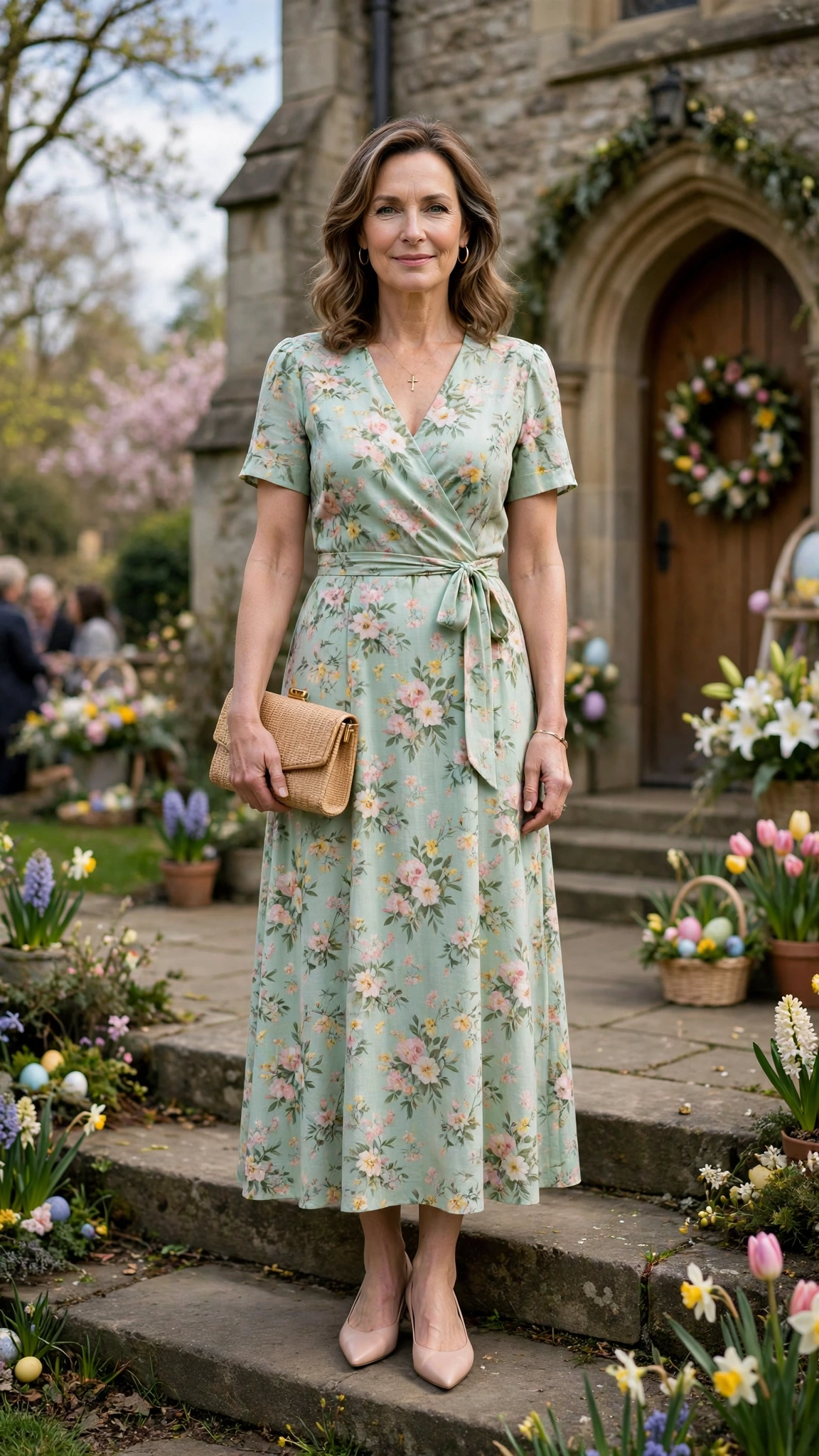 Mint Floral Easter Dress Outfit with pointed flats and a clutch