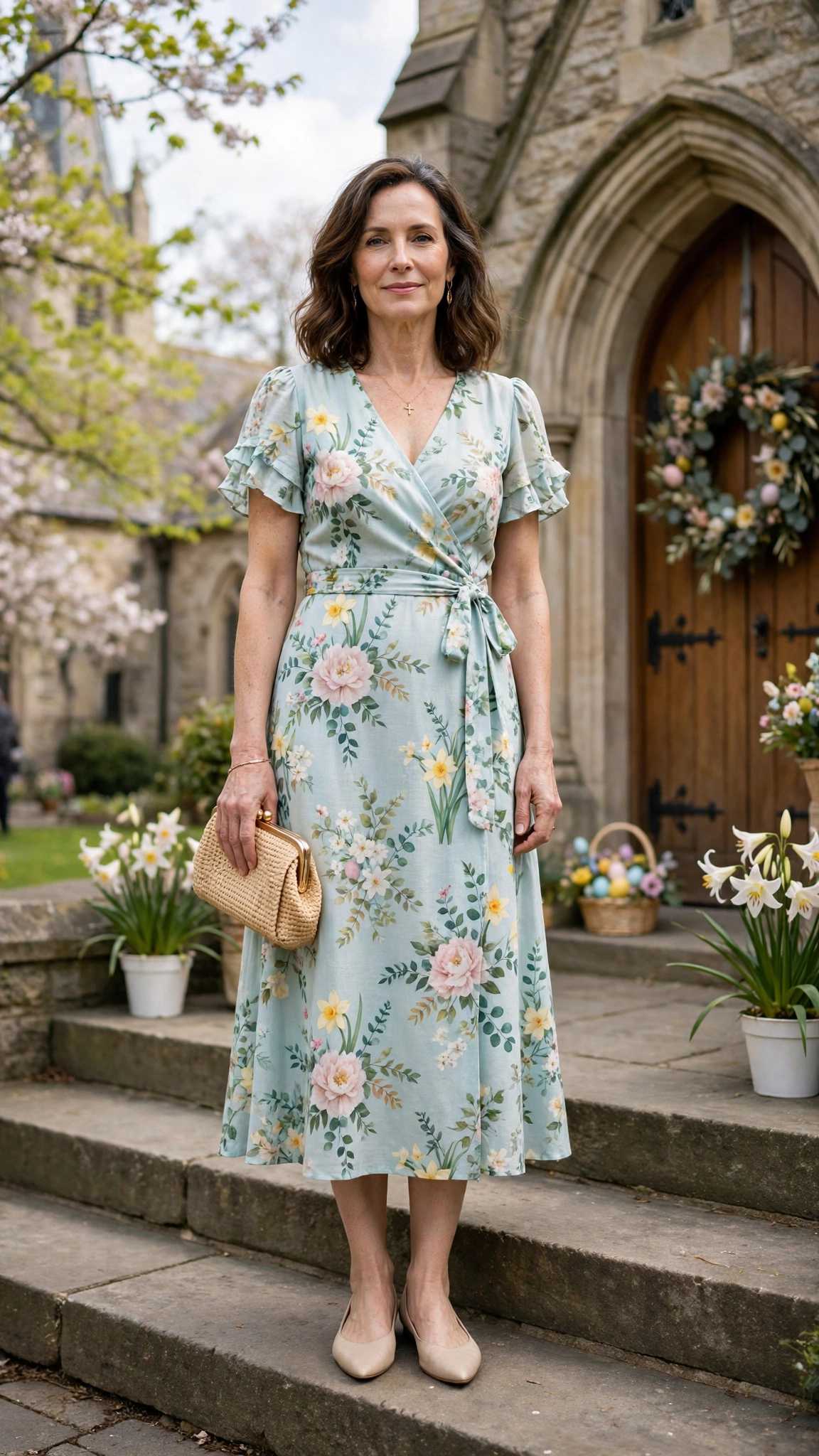 Light Aqua Floral Easter Dress Outfit with pointed flats and a clutch
