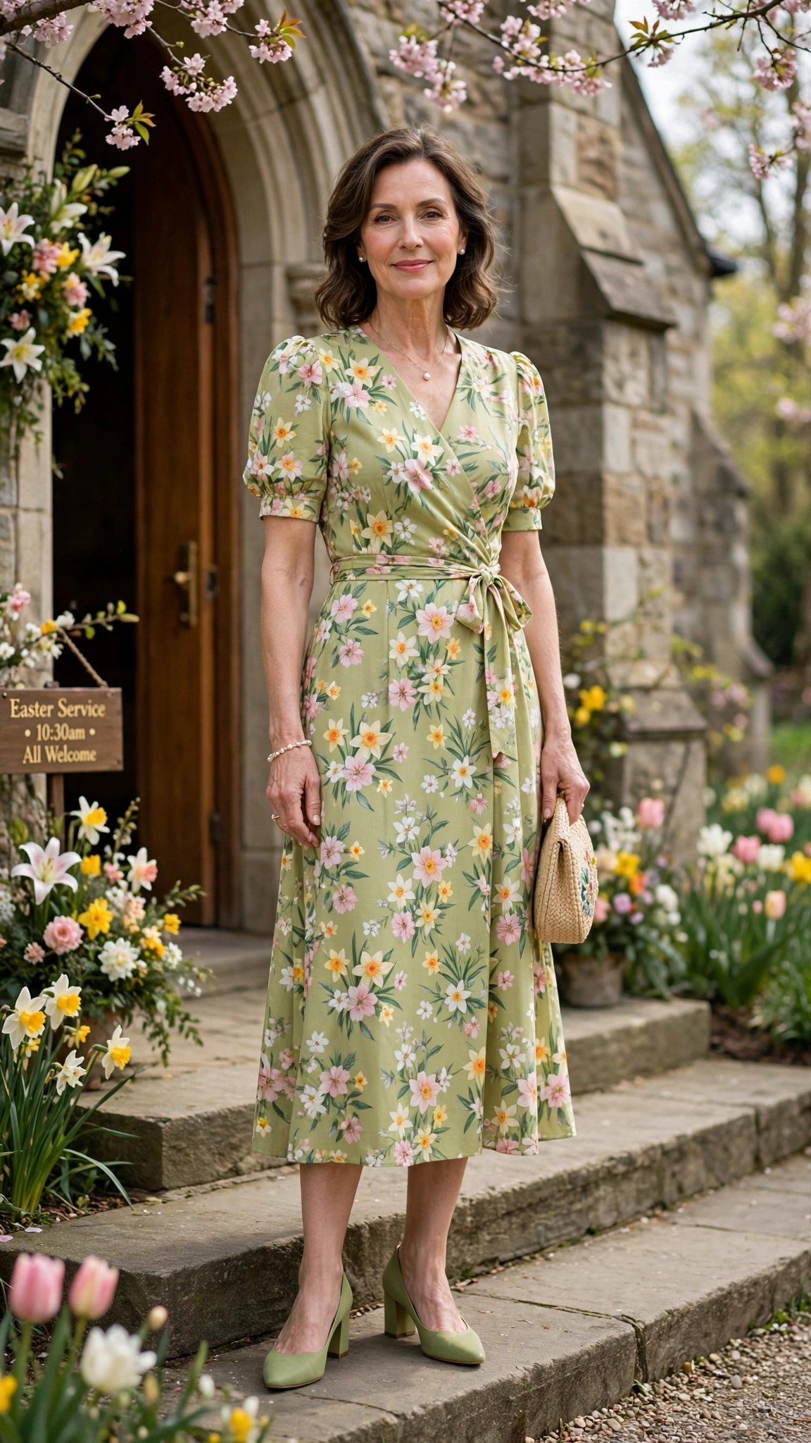 Pistachio Floral Easter Dress Outfit with block heels and delicate jewellery