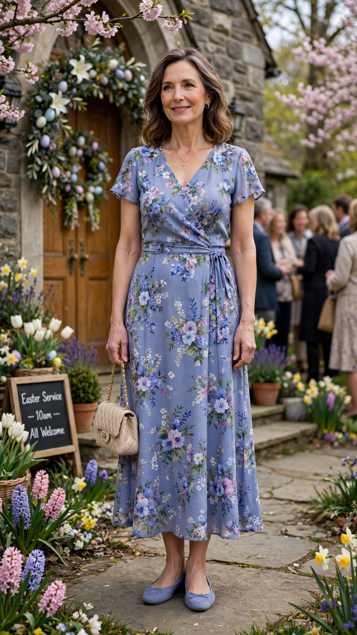 Periwinkle Floral Easter Dress Outfit with ballet flats and a small handbag