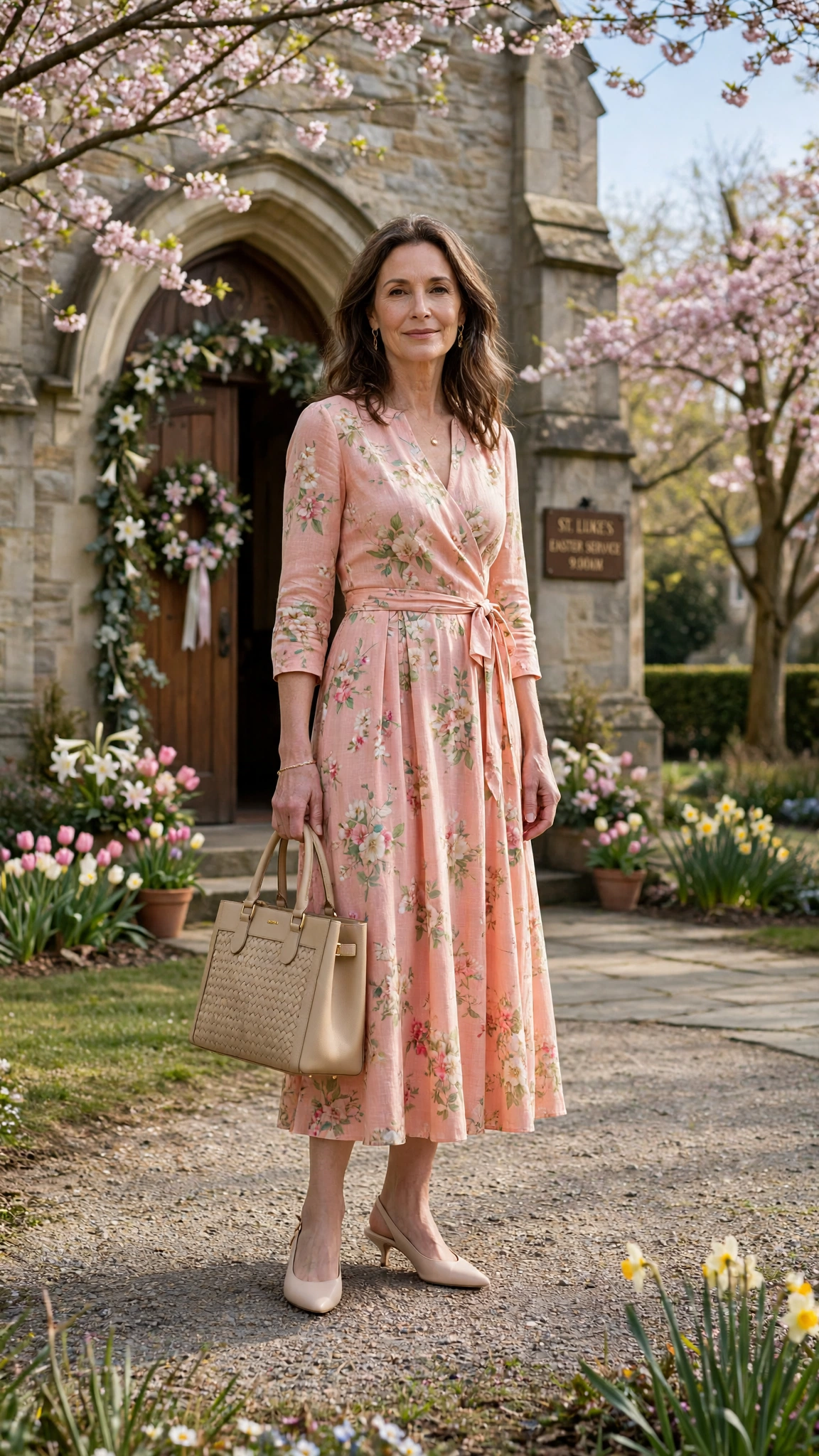 Pale Coral Floral Easter Dress Outfit with slingbacks and a structured tote