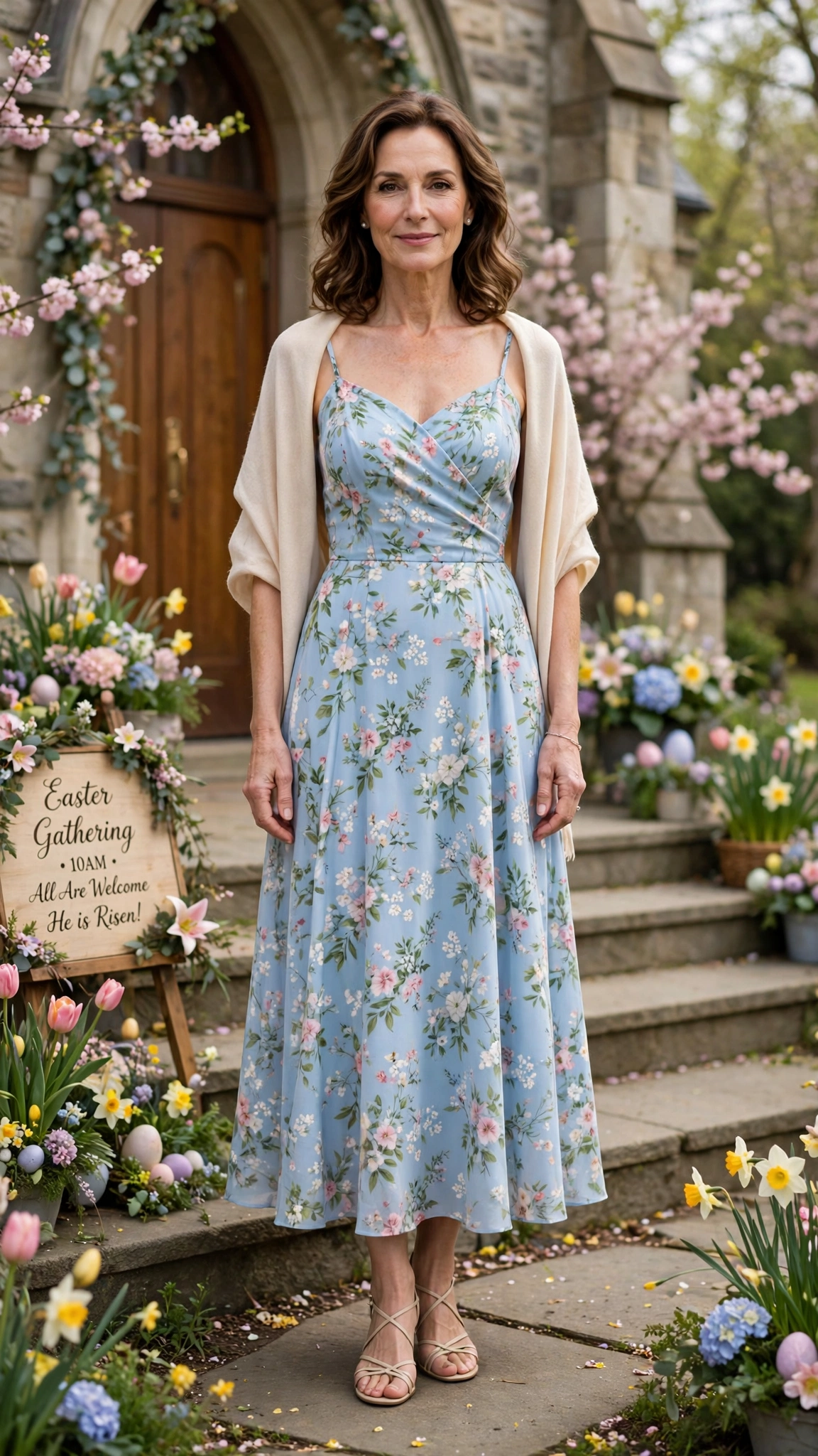 Baby Blue Floral Easter Dress Outfit with strappy sandals and a light shawl