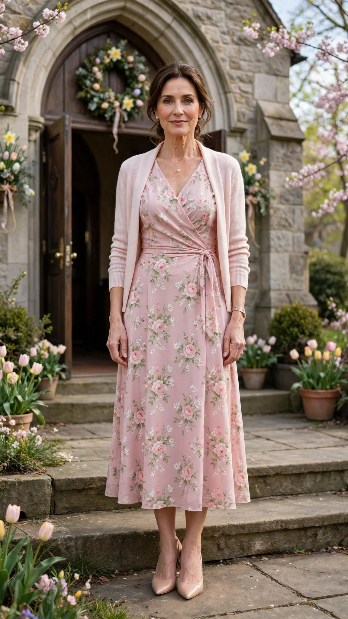 Powder Pink Floral Easter Dress Outfit with nude pumps and a light cardigan
