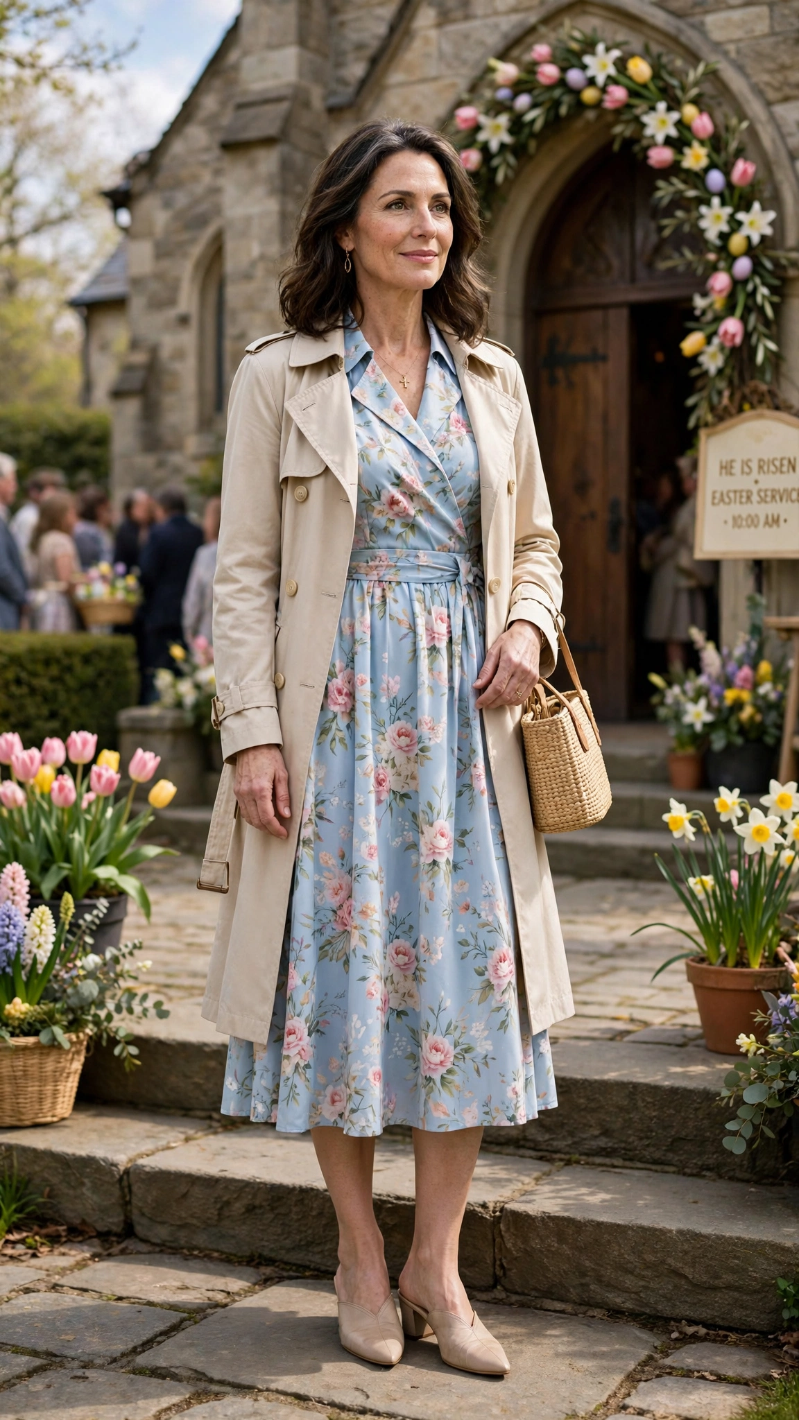 Baby Blue Floral Easter Dress Outfit with mules and a spring coat