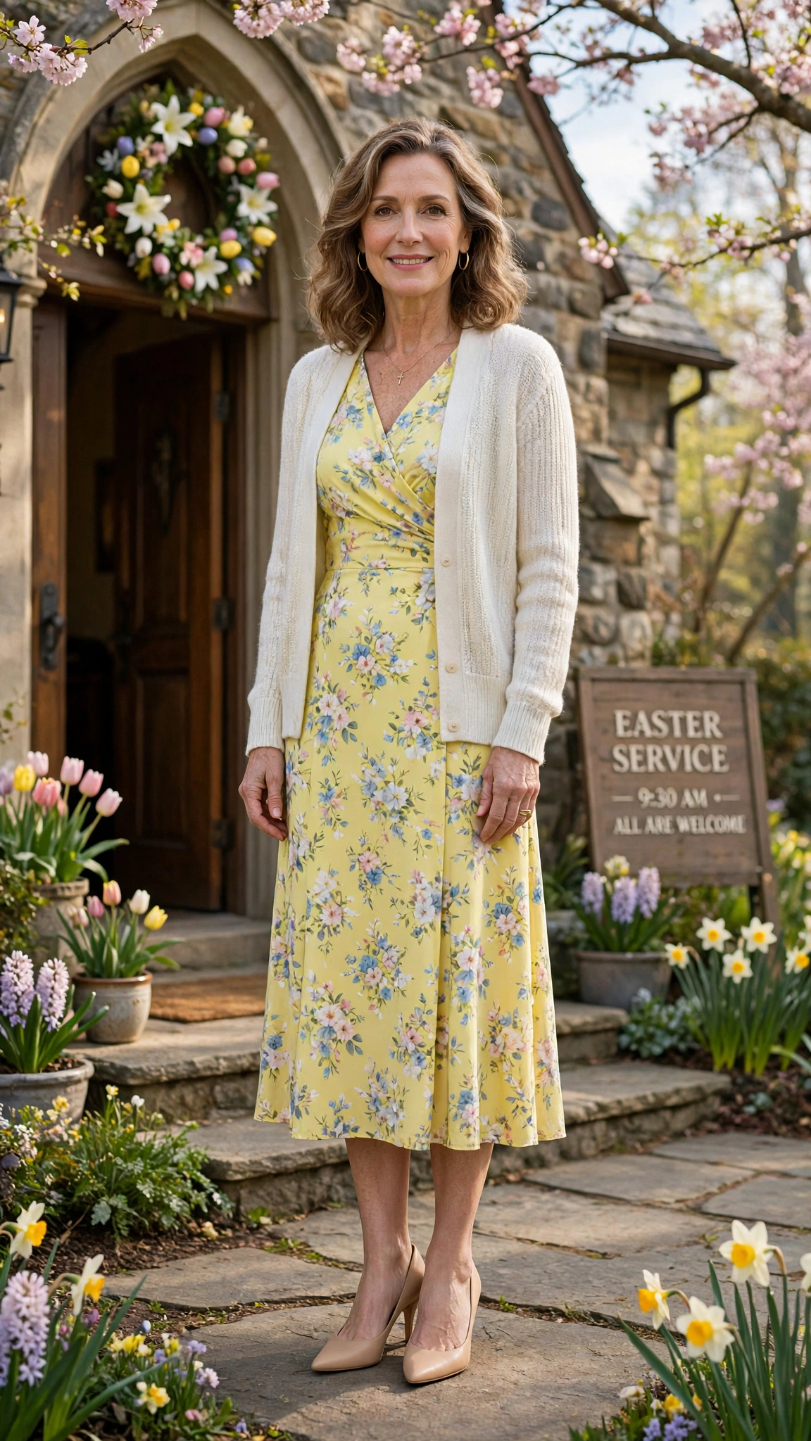 Lemon Yellow Floral Easter Dress Outfit with nude pumps and a light cardigan