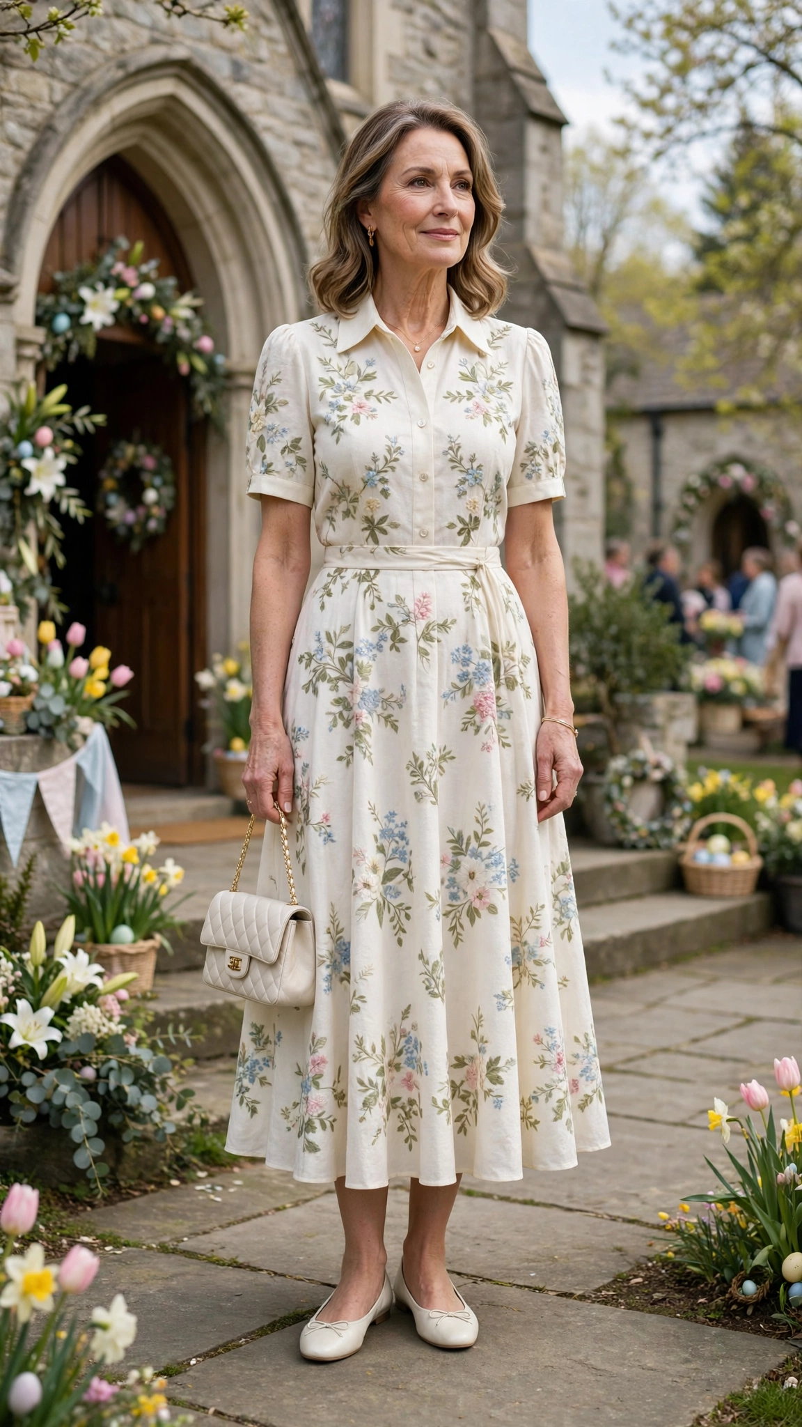 Ivory Floral Easter Dress Outfit with ballet flats and a small handbag