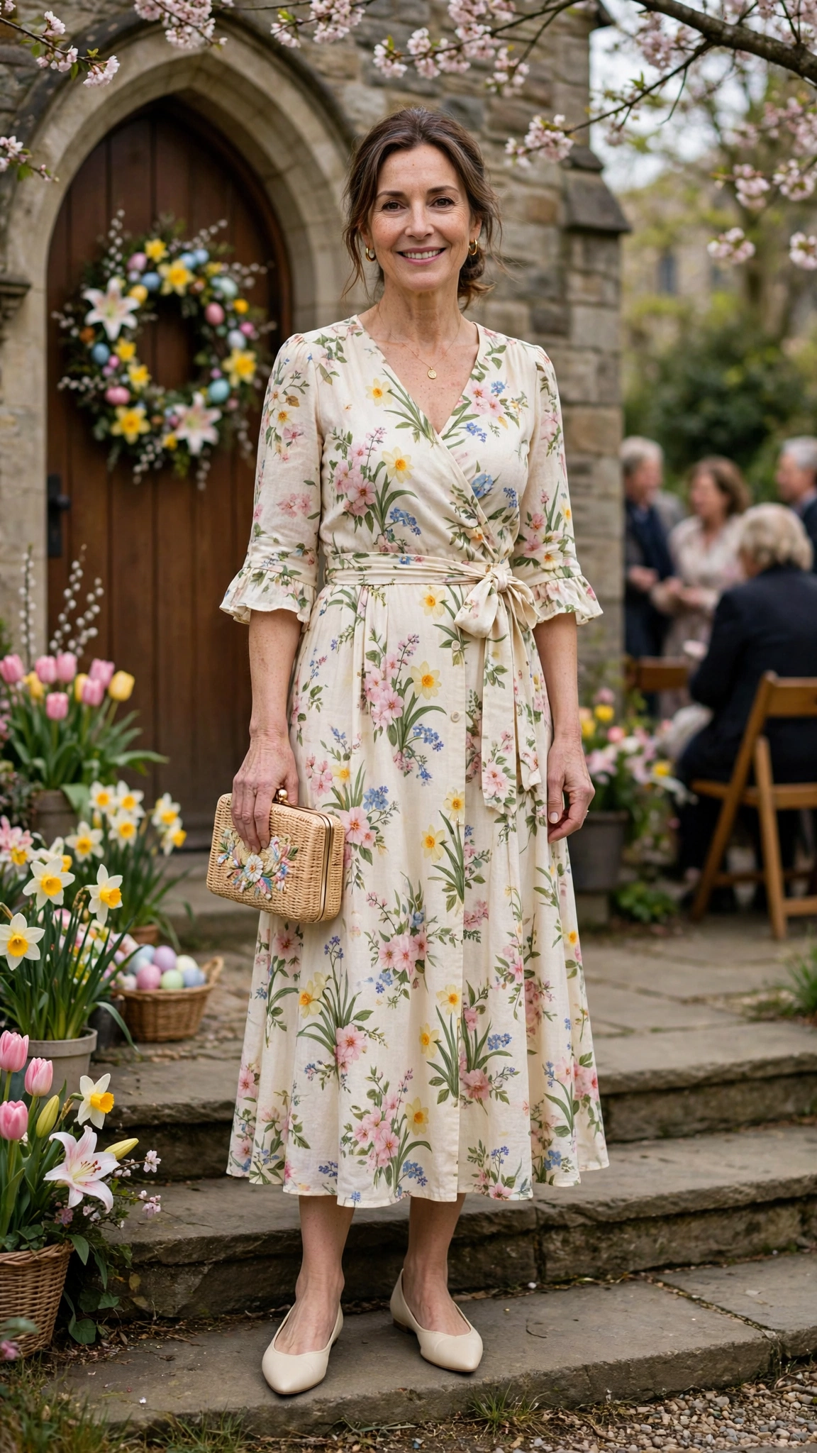 Cream Floral Easter Dress Outfit with pointed flats and a clutch