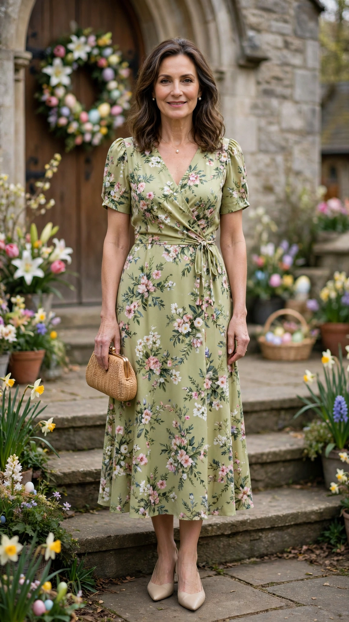 Pistachio Floral Easter Dress Outfit with pointed flats and a clutch