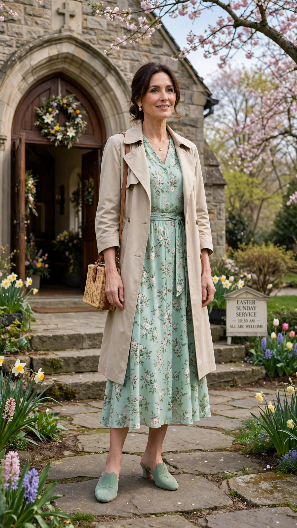 Mint Floral Easter Dress Outfit with mules and a spring coat