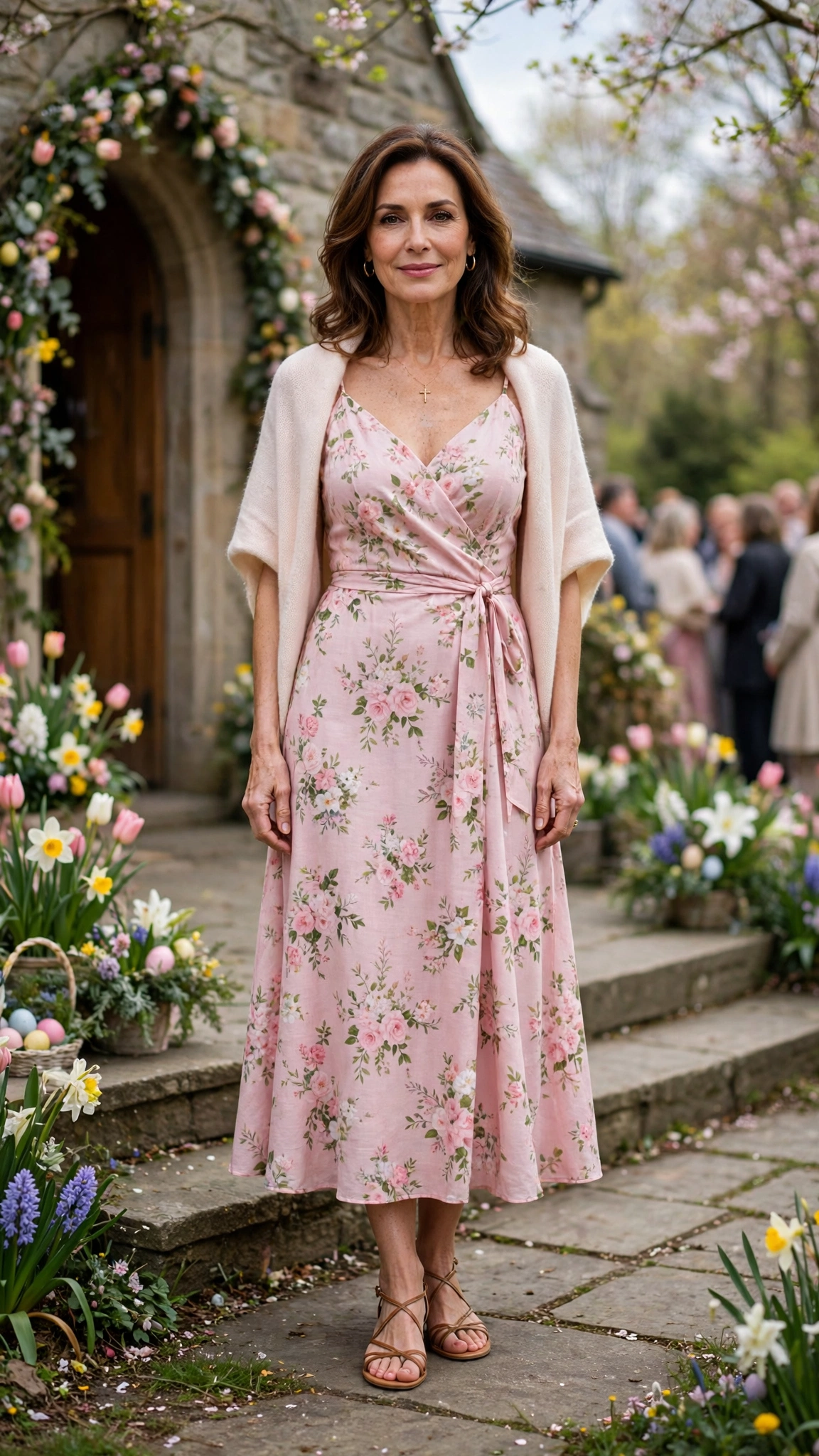 Powder Pink Floral Easter Dress Outfit with strappy sandals and a light shawl