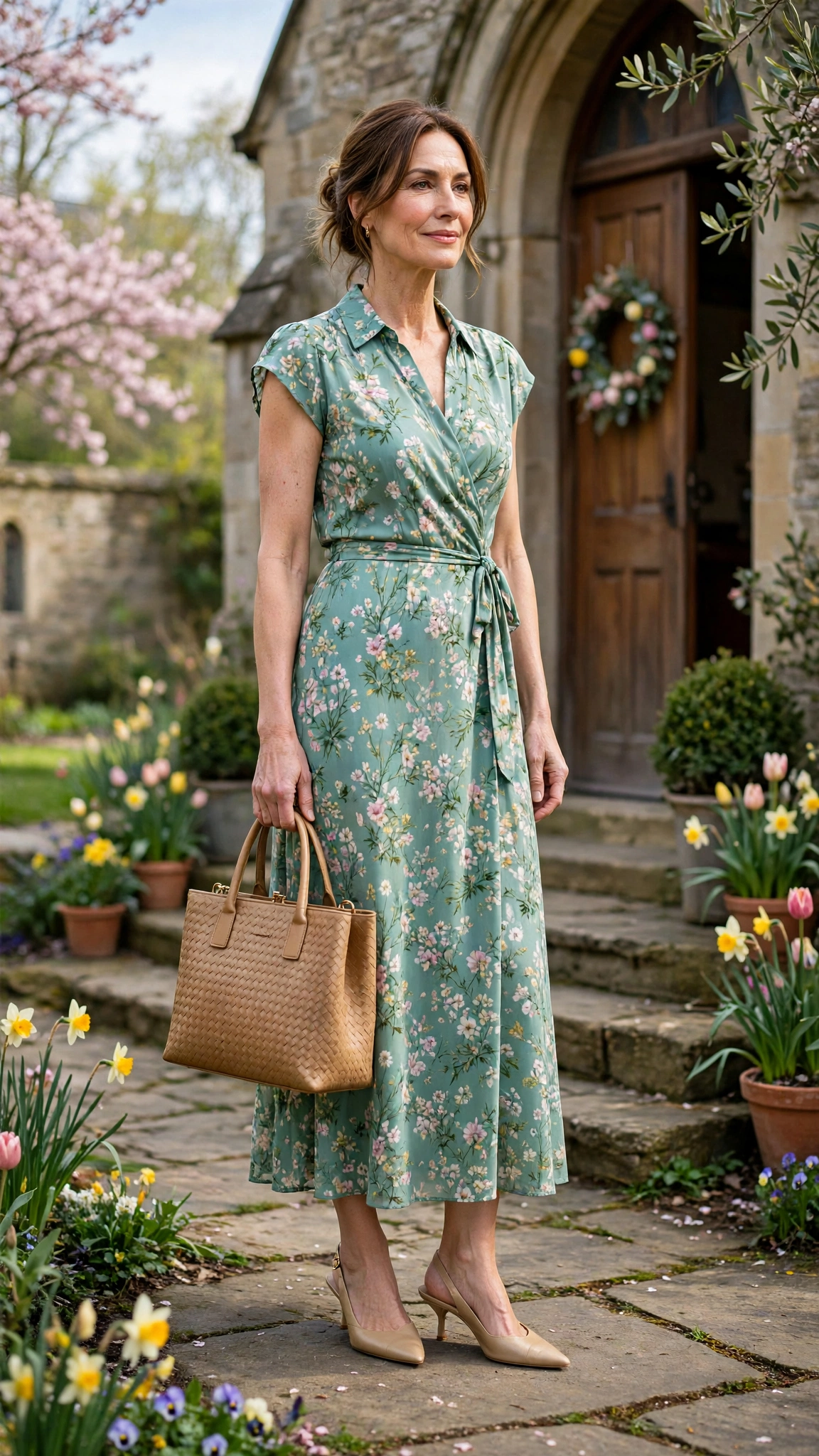 Seafoam Floral Easter Dress Outfit with slingbacks and a structured tote