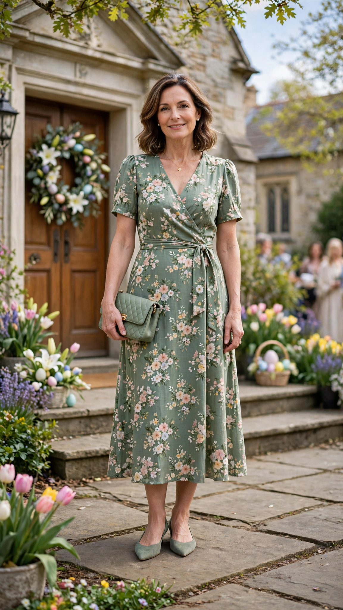 Sage Green Floral Easter Dress Outfit with pointed flats and a clutch