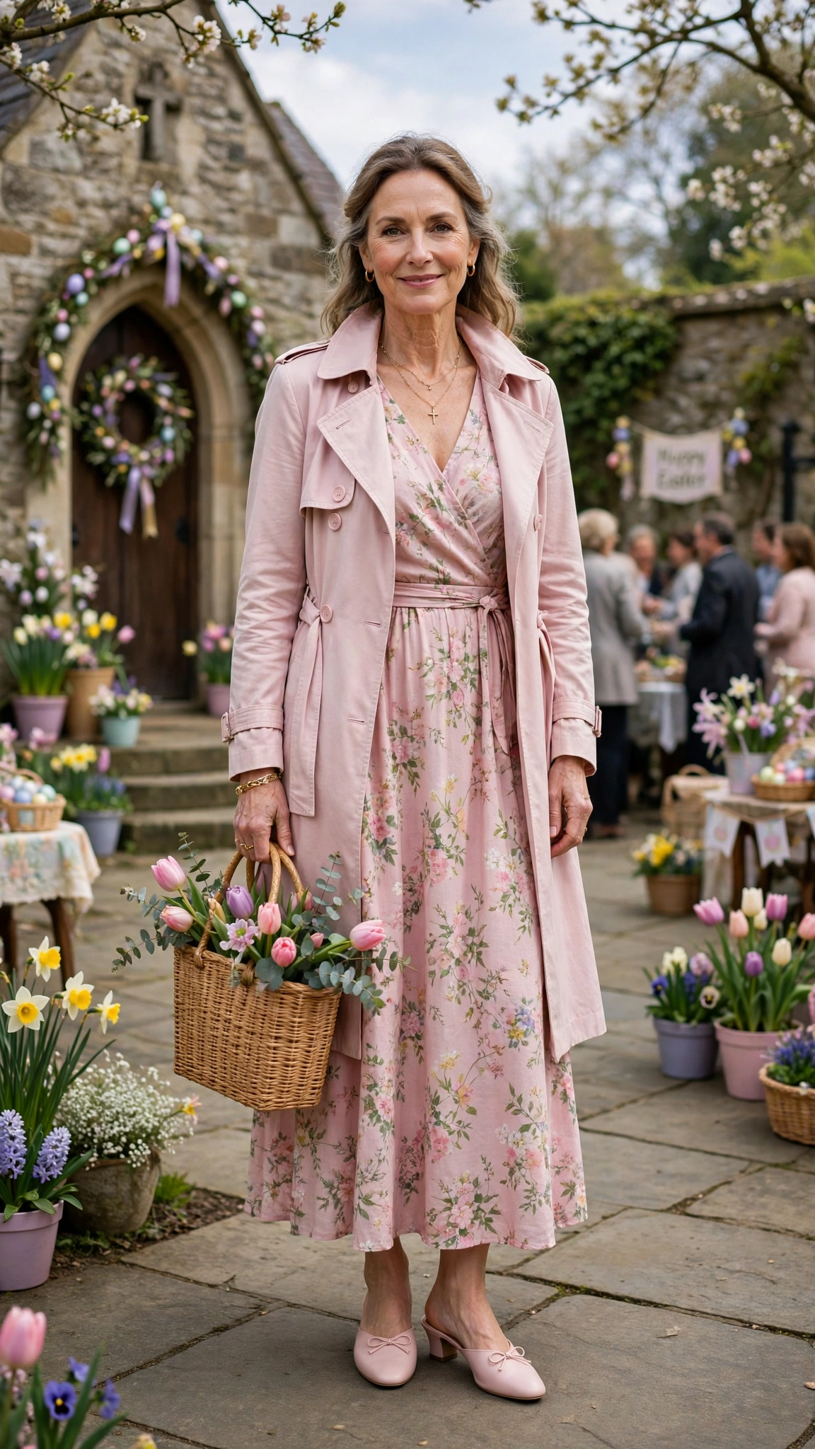 Powder Pink Floral Easter Dress Outfit with mules and a spring coat
