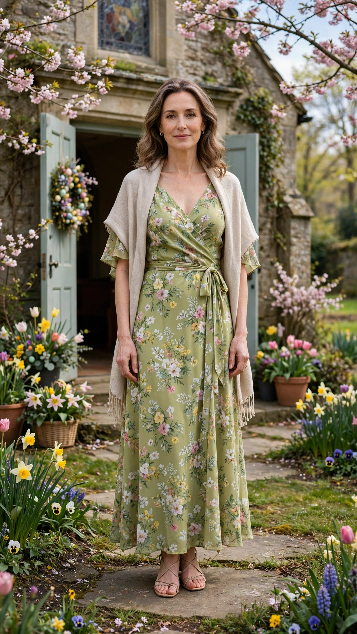 Pistachio Floral Easter Dress Outfit with strappy sandals and a light shawl