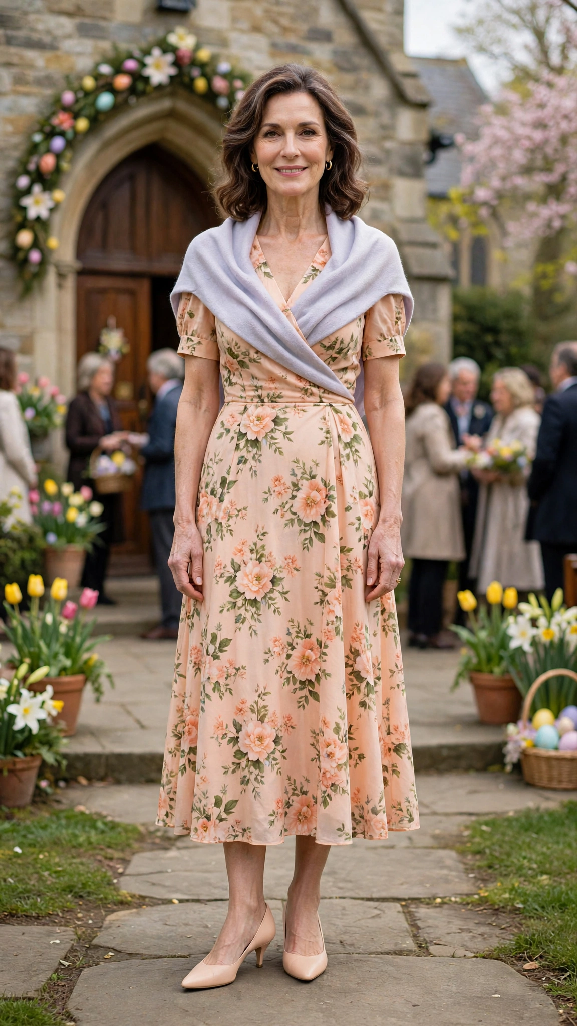 Peach Floral Easter Dress Outfit with kitten heels and a pastel wrap