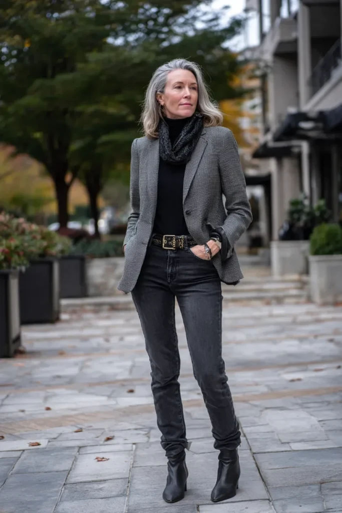 33 Grey Wool Coat Outfits for Women Over 40 for Winter Weekends That Are Cosy, Smart and Effortless 2 Grey Wool Coat with Black Skinny Jeans and Black Ankle Boots for a Saturday Brunch