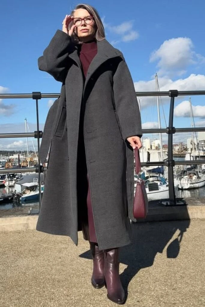 33 Grey Wool Coat Outfits for Women Over 40 for Winter Weekends That Are Cosy, Smart and Effortless 3 Grey Wool Coat with a Burgundy Dress and Burgundy Boots for a Weekend Lunch