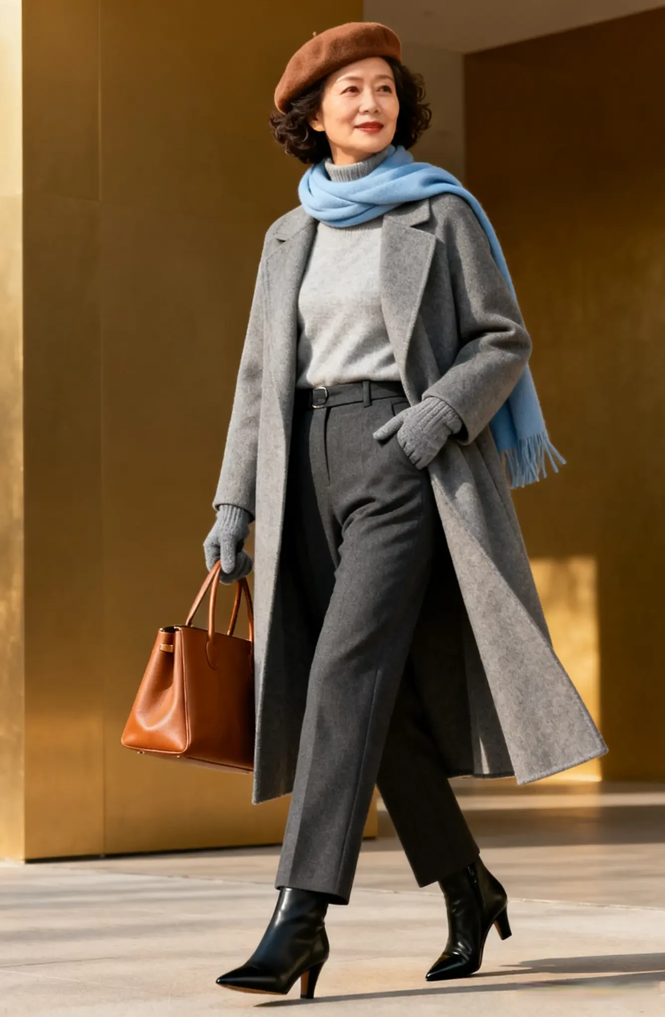 33 Grey Wool Coat Outfits for Women Over 40 for Winter Weekends That Are Cosy, Smart and Effortless 4 Grey Wool Coat with Grey Trousers and Black Boots for a Museum Afternoon