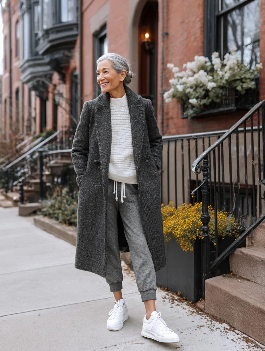 33 Grey Wool Coat Outfits for Women Over 40 for Winter Weekends That Are Cosy, Smart and Effortless 6 Grey Wool Coat with Grey Joggers and White Trainers for a Relaxed Weekend Walk