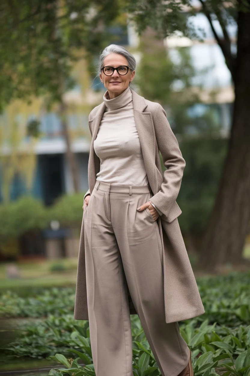 33 Grey Wool Coat Outfits for Women Over 40 for Winter Weekends That Are Cosy, Smart and Effortless 11 Beige Wool Coat with Beige Trousers and Brown Shoes for a Family Weekend Lunch