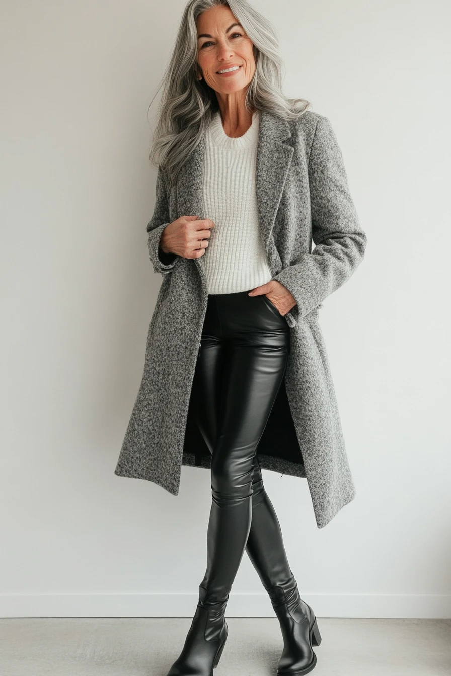 33 Grey Wool Coat Outfits for Women Over 40 for Winter Weekends That Are Cosy, Smart and Effortless 12 Grey Wool Coat with Black Leather Trousers and Black Boots for a Saturday Night Out