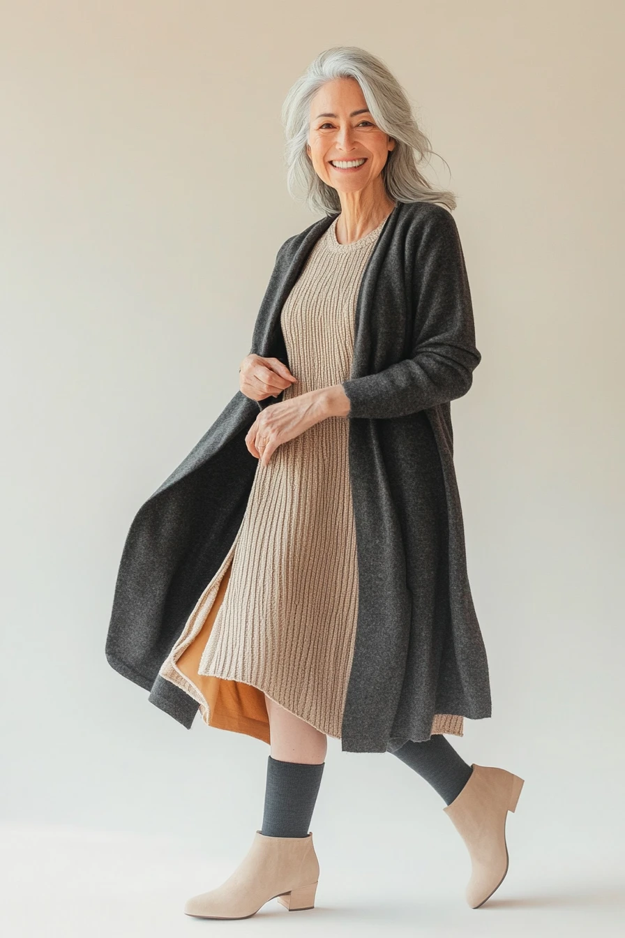 33 Grey Wool Coat Outfits for Women Over 40 for Winter Weekends That Are Cosy, Smart and Effortless 13 Grey Wool Coat with a Beige Dress and Beige Boots for a Cosy Weekend at Home