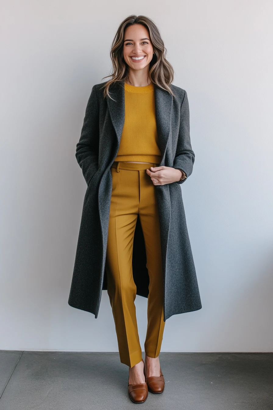 33 Grey Wool Coat Outfits for Women Over 40 for Winter Weekends That Are Cosy, Smart and Effortless 16 Grey Wool Coat with a Mustard Top and Mustard Trousers and Brown Shoes for a Cheerful Weekend Outing