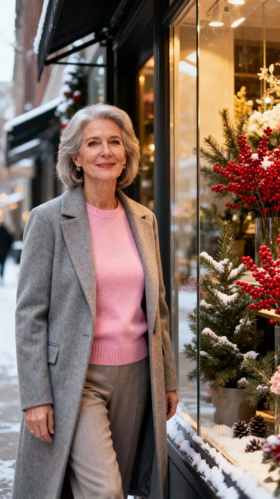 33 Grey Wool Coat Outfits for Women Over 40 for Winter Weekends That Are Cosy, Smart and Effortless 17 Grey Wool Coat with a Pink Sweater and Beige Trousers for a Soft Weekend Brunch