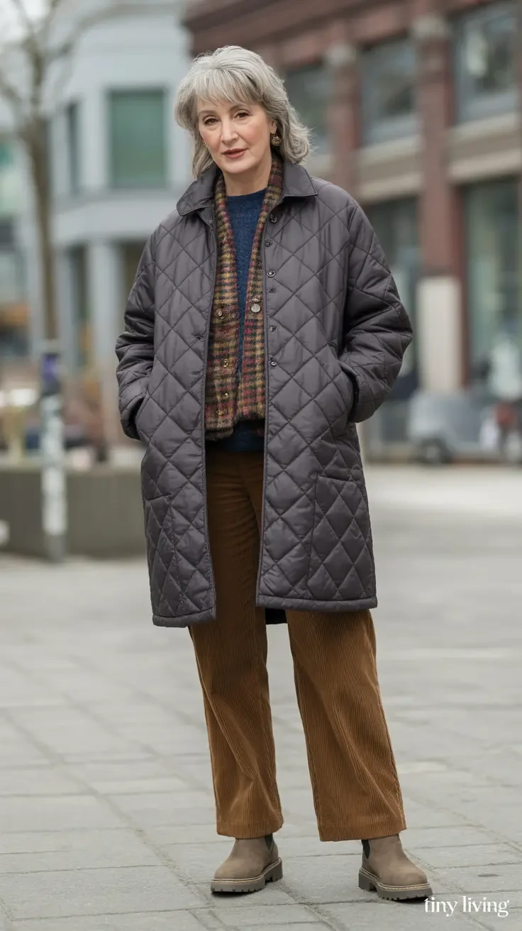 33 Grey Wool Coat Outfits for Women Over 40 for Winter Weekends That Are Cosy, Smart and Effortless 18 Grey Quilted Coat with Brown Corduroy Trousers and Beige Boots for a Rustic Weekend Market