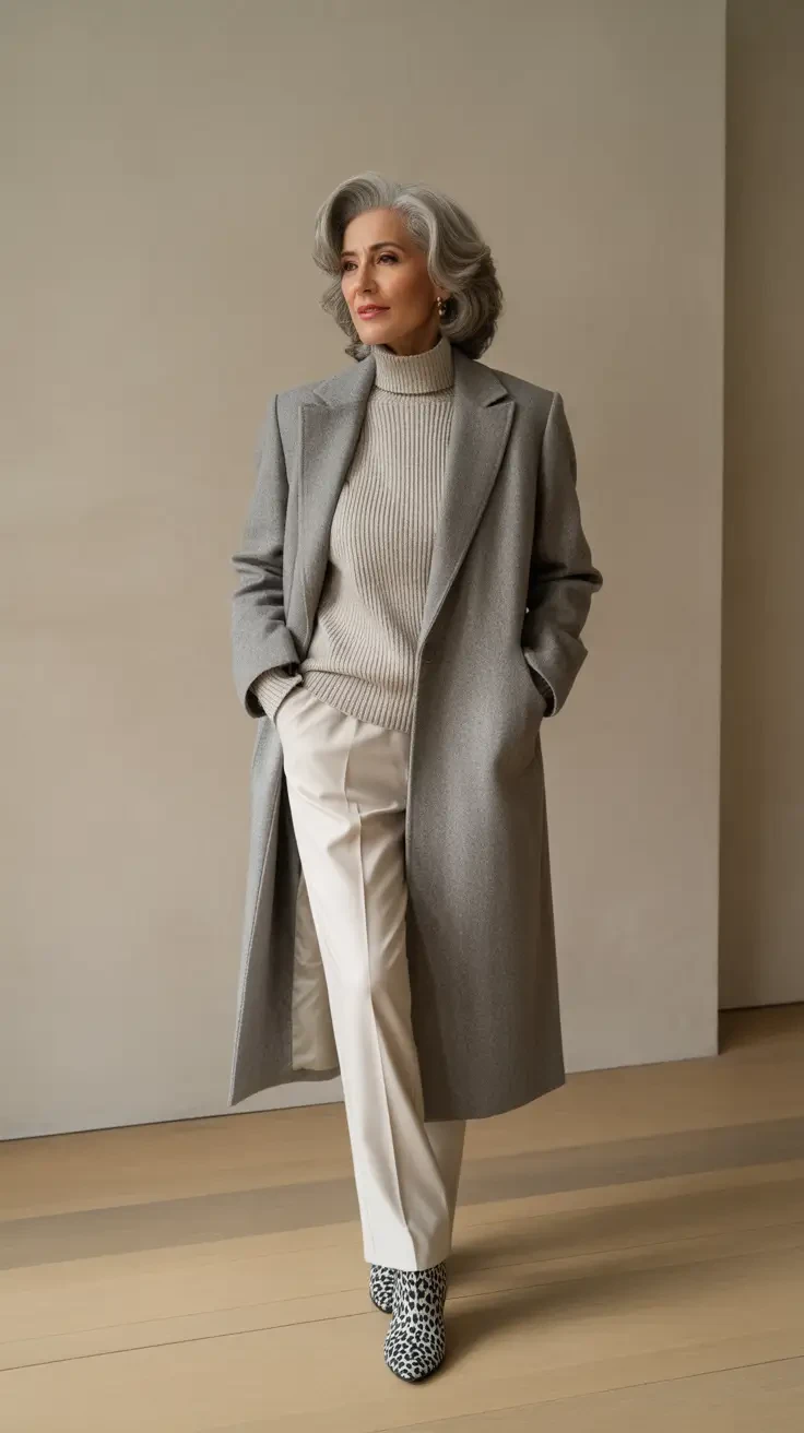33 Grey Wool Coat Outfits for Women Over 40 for Winter Weekends That Are Cosy, Smart and Effortless 20 Grey Wool Coat with Cream Trousers and Patterned Shoes for a Light Winter Weekend Day