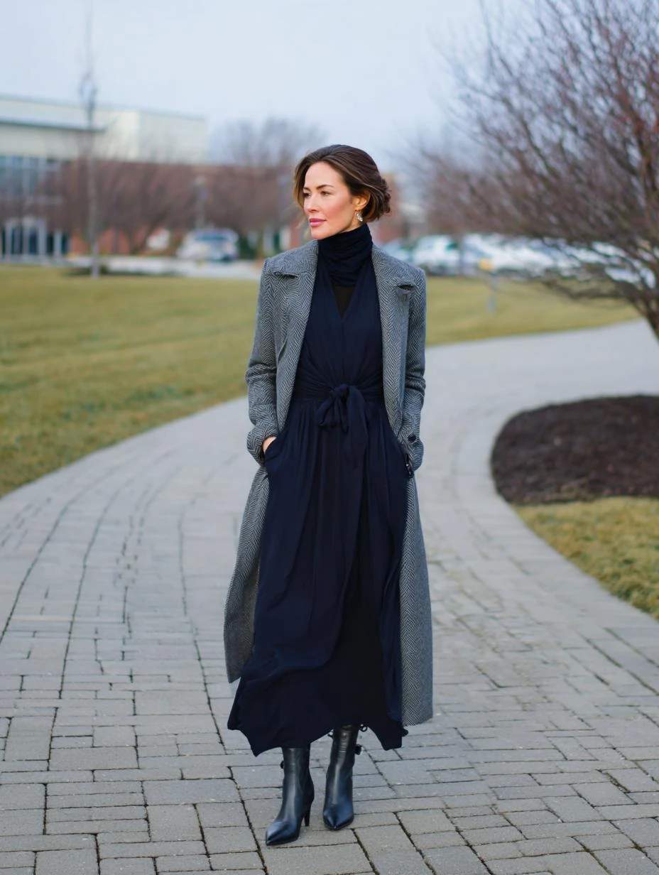 33 Grey Wool Coat Outfits for Women Over 40 for Winter Weekends That Are Cosy, Smart and Effortless 21 Grey Wool Coat with a Navy Dress and Black Boots for a Weekend Gallery Visit