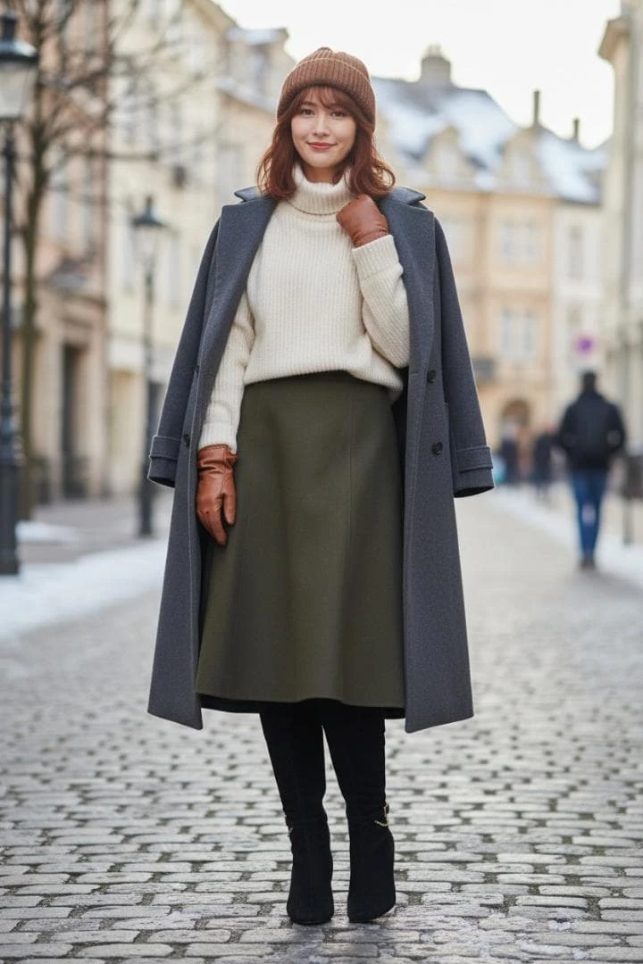 33 Grey Wool Coat Outfits for Women Over 40 for Winter Weekends That Are Cosy, Smart and Effortless 22 Grey Wool Coat with a Green Midi Skirt and Black Boots for a Weekend Countryside Stroll
