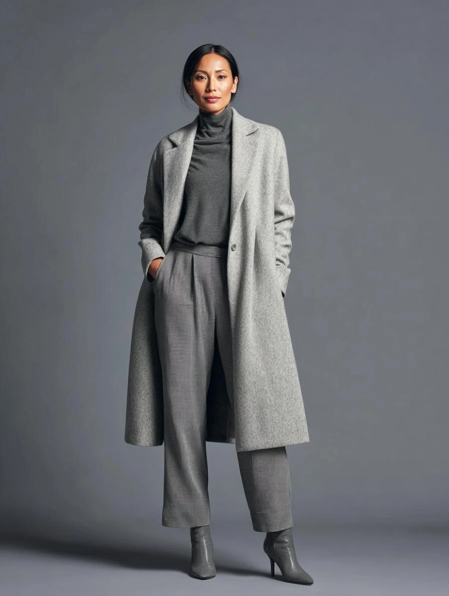 33 Grey Wool Coat Outfits for Women Over 40 for Winter Weekends That Are Cosy, Smart and Effortless 26 Grey Wool Coat with Grey Trousers and Grey Boots for a Weekend Bookshop Browse