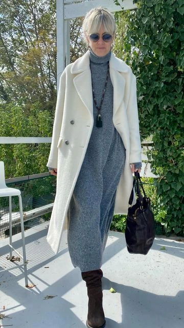 33 Grey Wool Coat Outfits for Women Over 40 for Winter Weekends That Are Cosy, Smart and Effortless 27 White Wool Coat with a Grey Dress and Brown Boots for a Warm Weekend Afternoon