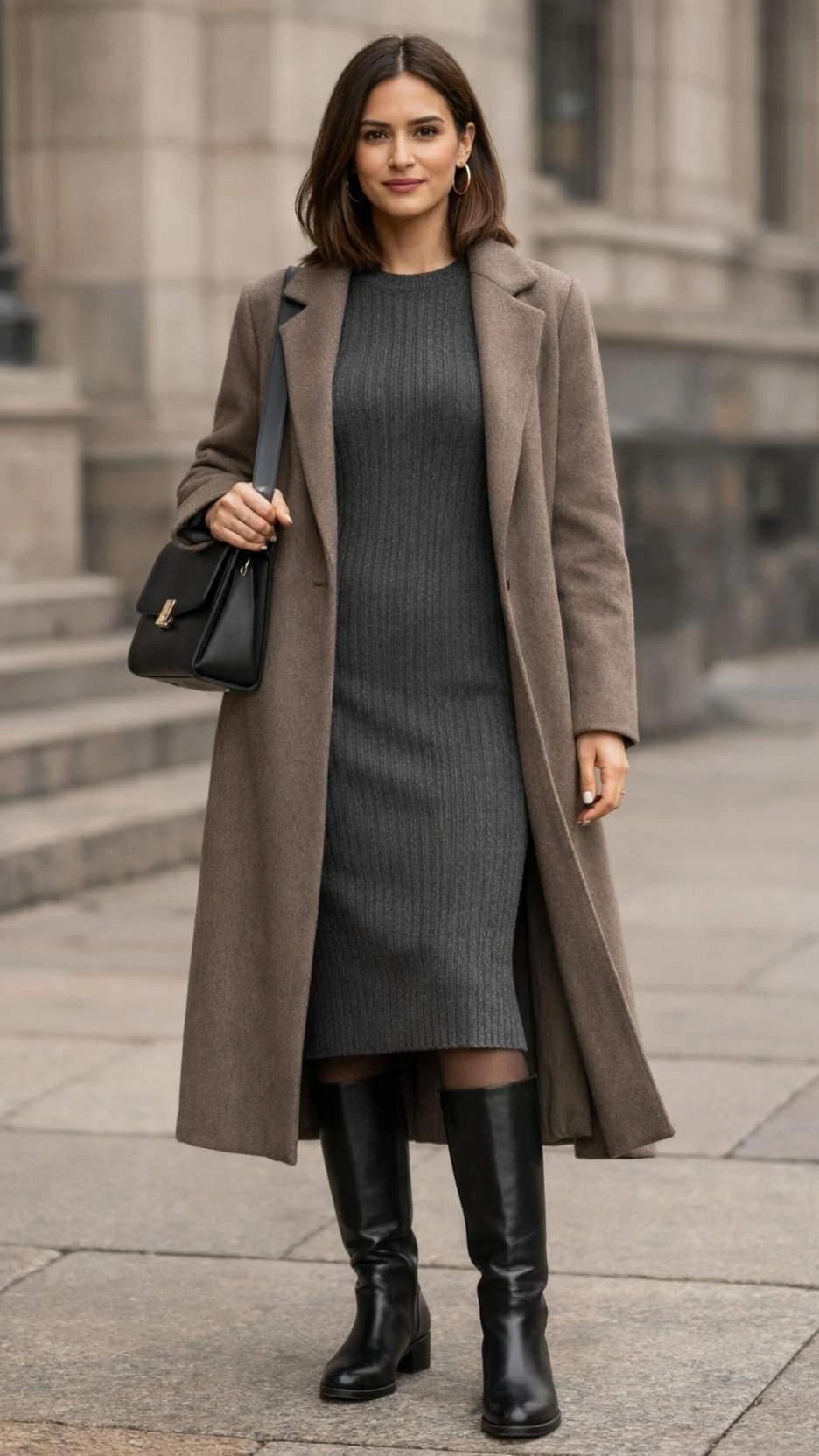 33 Grey Wool Coat Outfits for Women Over 40 for Winter Weekends That Are Cosy, Smart and Effortless 28 Beige Wool Coat with a Grey Dress and Black Boots for a Weekend Cinema Trip