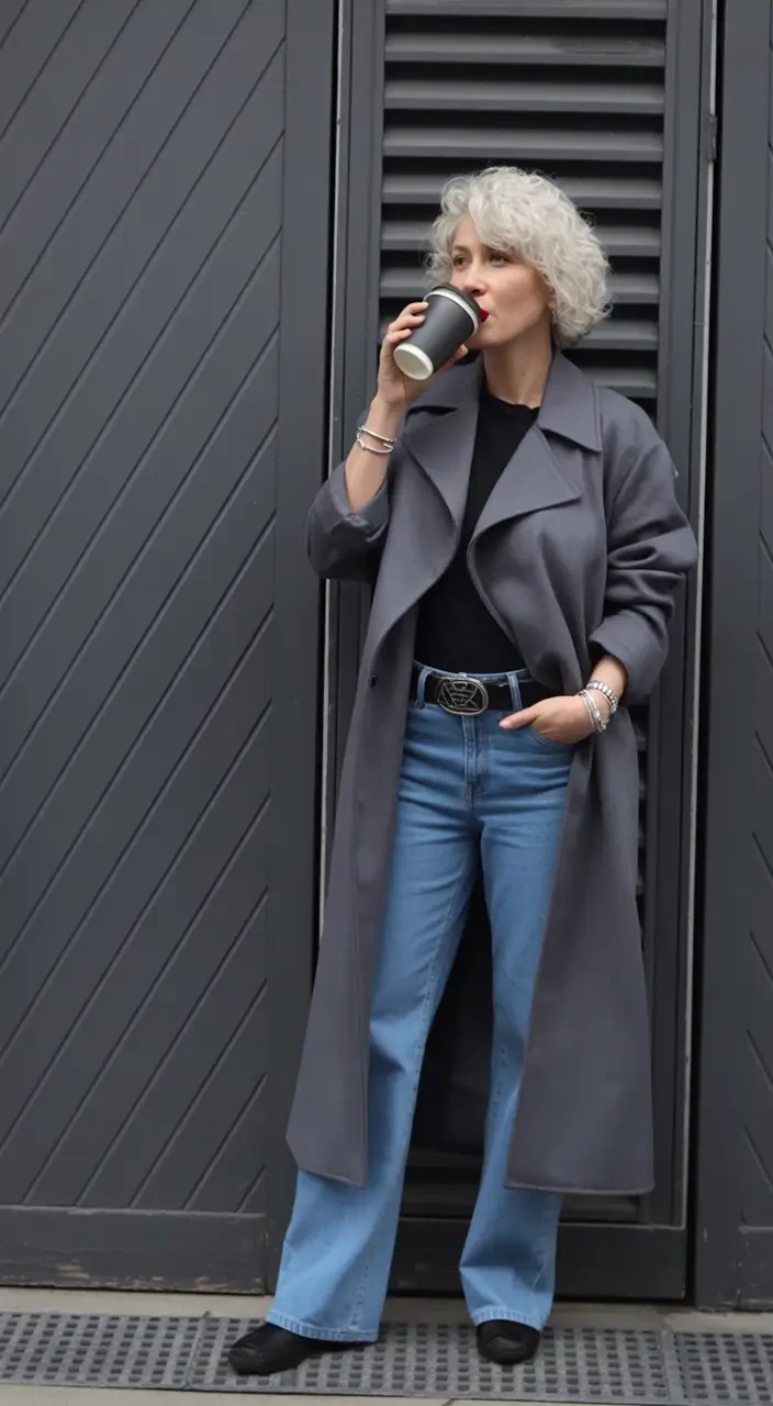 33 Grey Wool Coat Outfits for Women Over 40 for Winter Weekends That Are Cosy, Smart and Effortless 29 Grey Wool Coat with Blue Jeans and Black Shoes for a Pretty Weekend Lunch