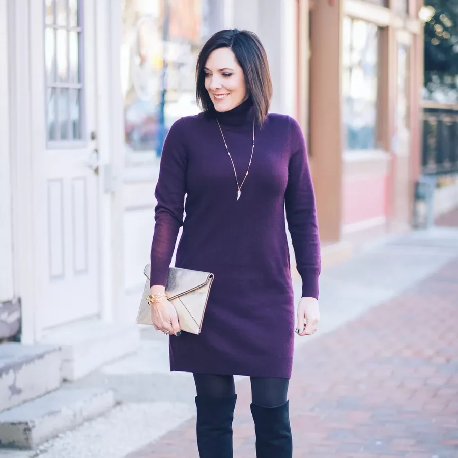 33 Grey Wool Coat Outfits for Women Over 40 for Winter Weekends That Are Cosy, Smart and Effortless 33 Grey Wool Coat with a Purple Dress and Black Boots for a Jewel-Toned Weekend Day