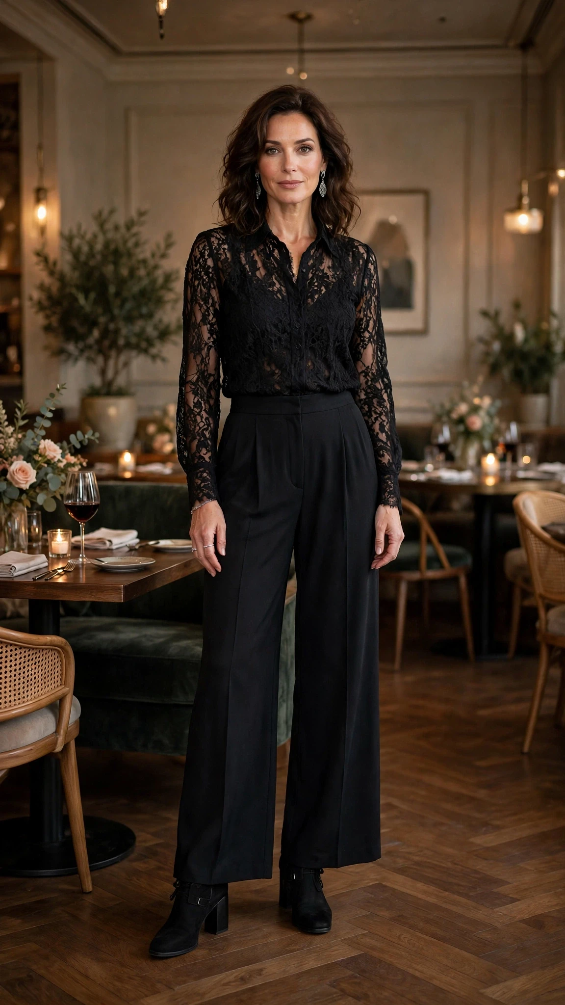 Black lace blouse and wide-leg trouser outfit with block-heel ankle boots and silver drop earrings