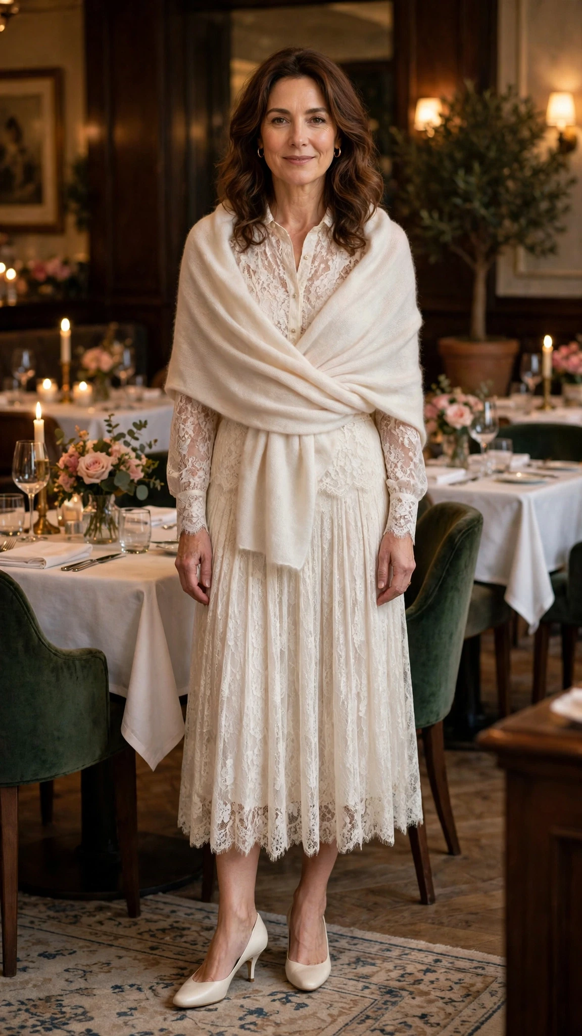Ivory lace blouse and midi skirt outfit with kitten heels and a cashmere wrap