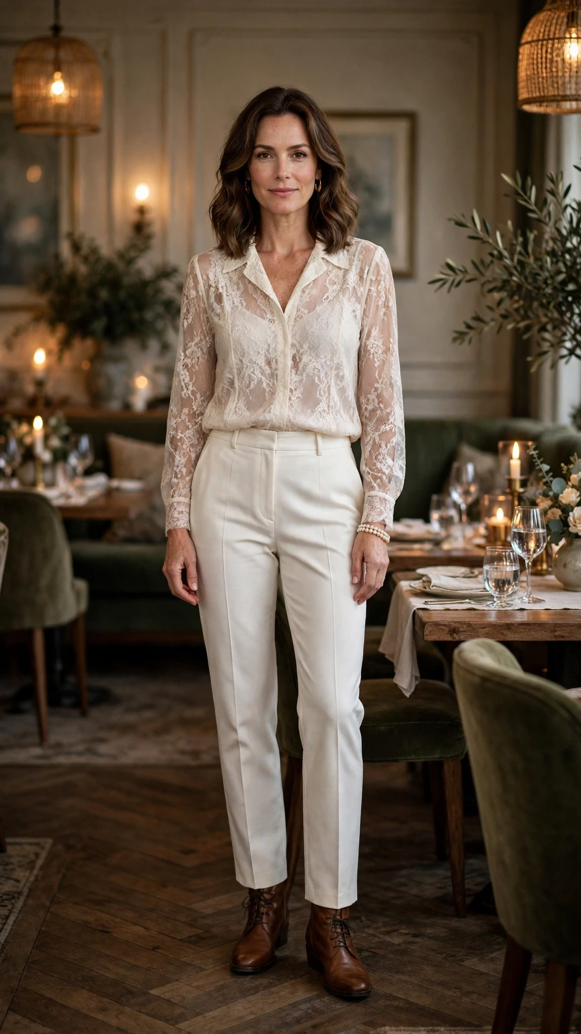 Ivory lace blouse and straight trouser outfit with leather ankle boots and a pearl bracelet
