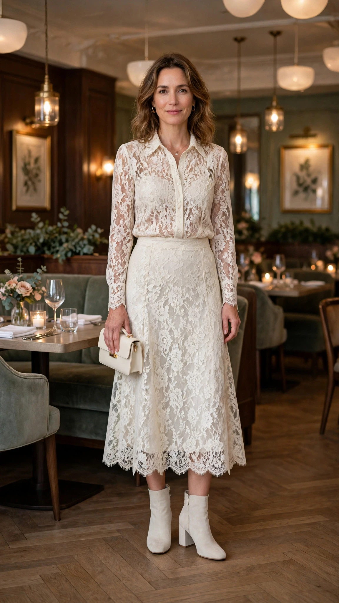 Ivory lace blouse and skirt outfit with block-heel ankle boots and a small structured clutch