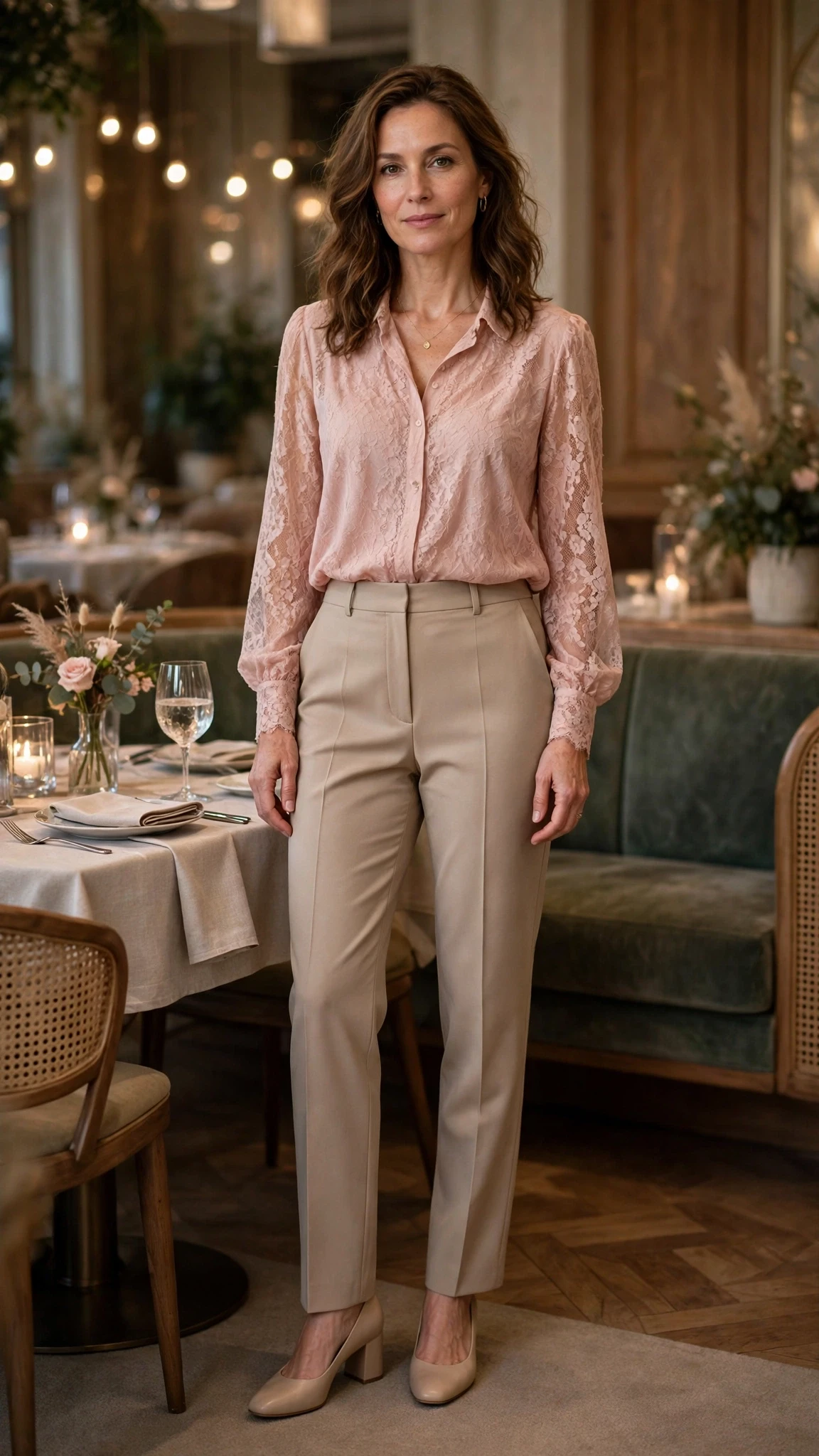 Blush lace blouse and tailored trouser outfit with comfortable block heels and a delicate gold necklace
