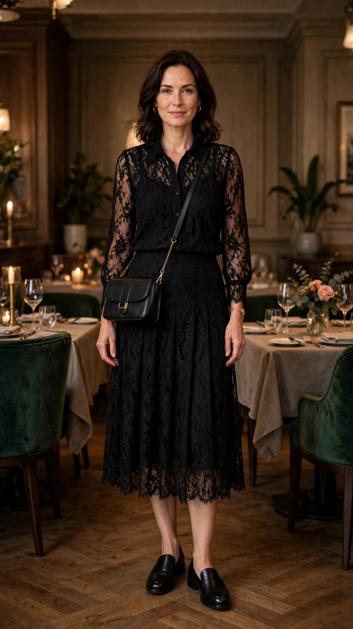 Black lace blouse and midi skirt outfit with smart loafers and a chic crossbody bag