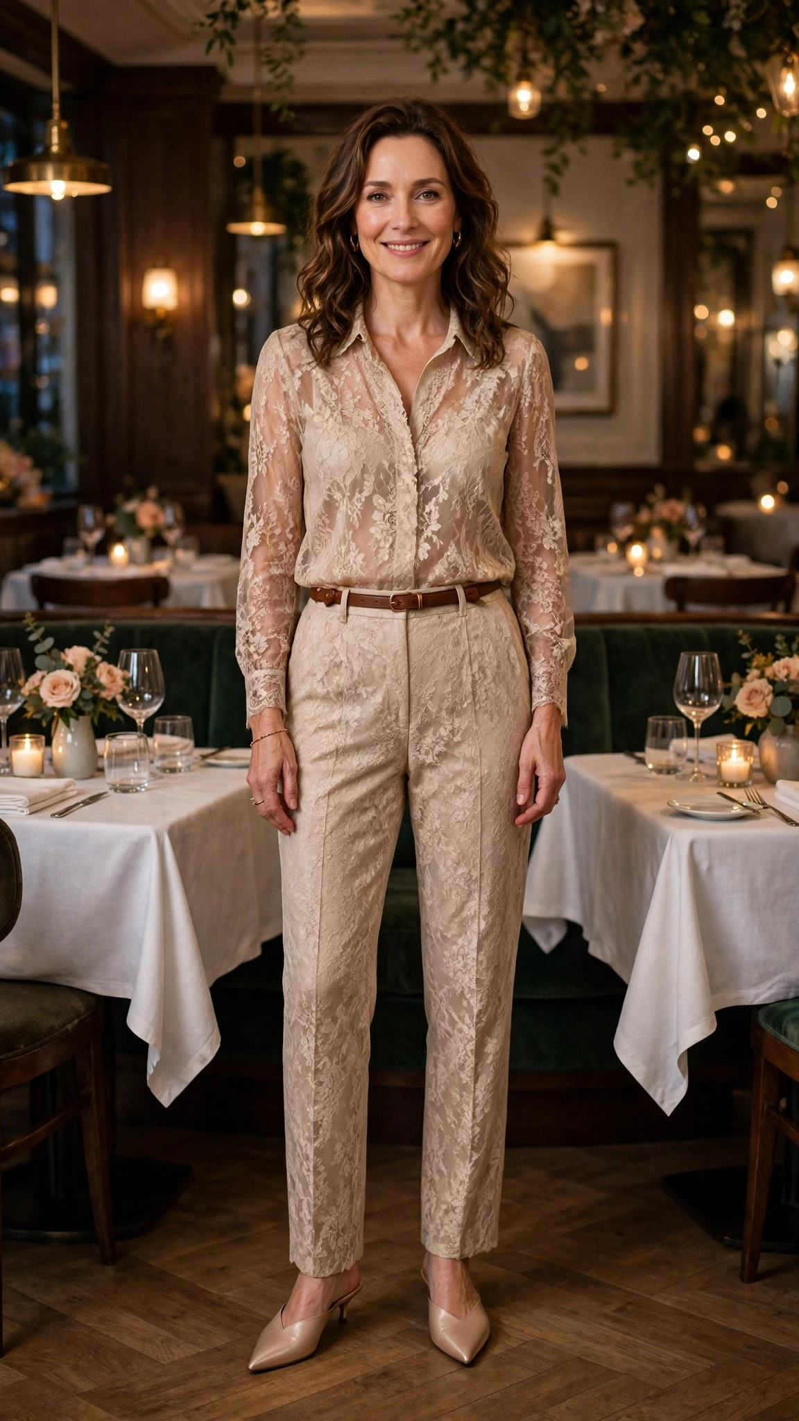 Champagne lace blouse and trouser outfit with pointed mules and a slim leather belt