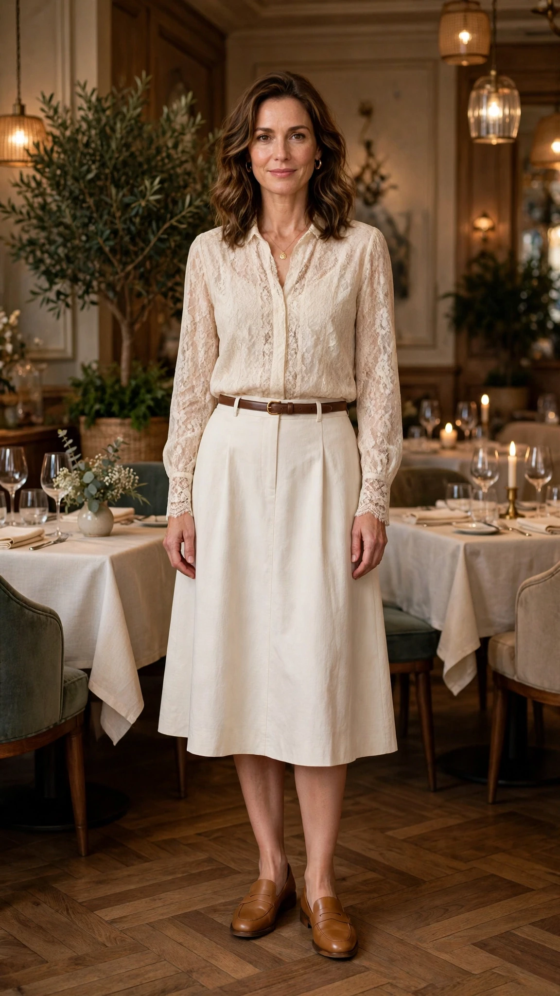 Cream lace blouse and A-line skirt outfit with smart loafers and a slim leather belt