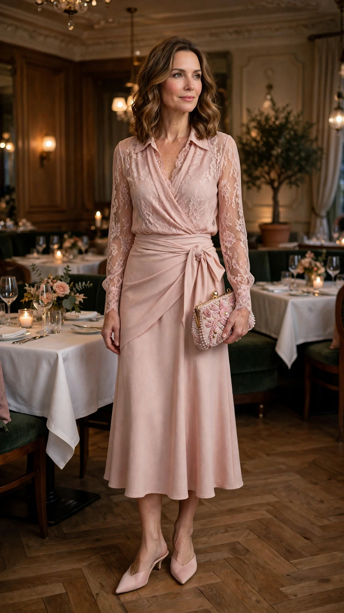 Blush lace blouse and wrap skirt outfit with pointed mules and a beaded clutch
