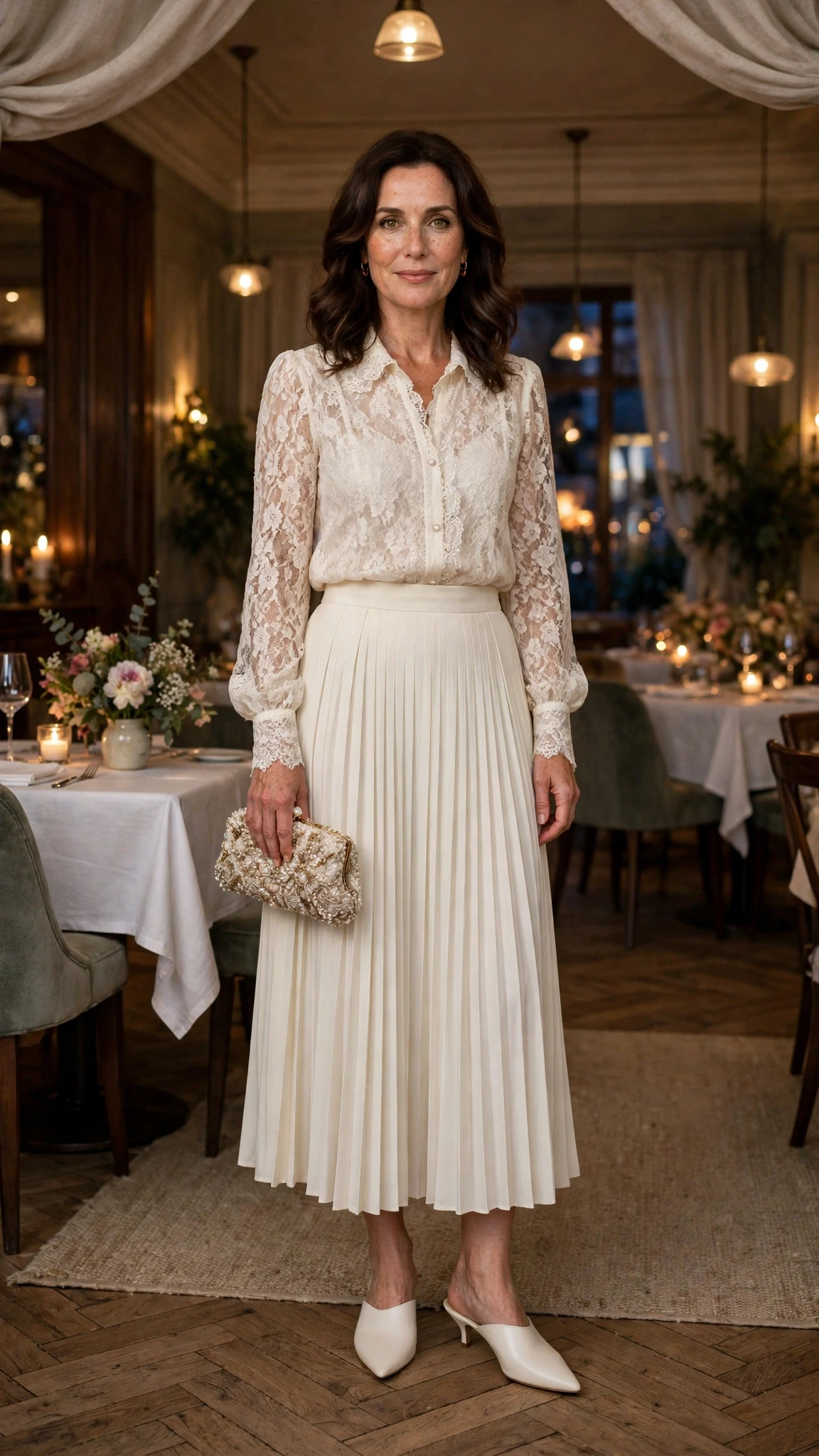 Ivory lace blouse and pleated skirt outfit with pointed mules and a beaded clutch