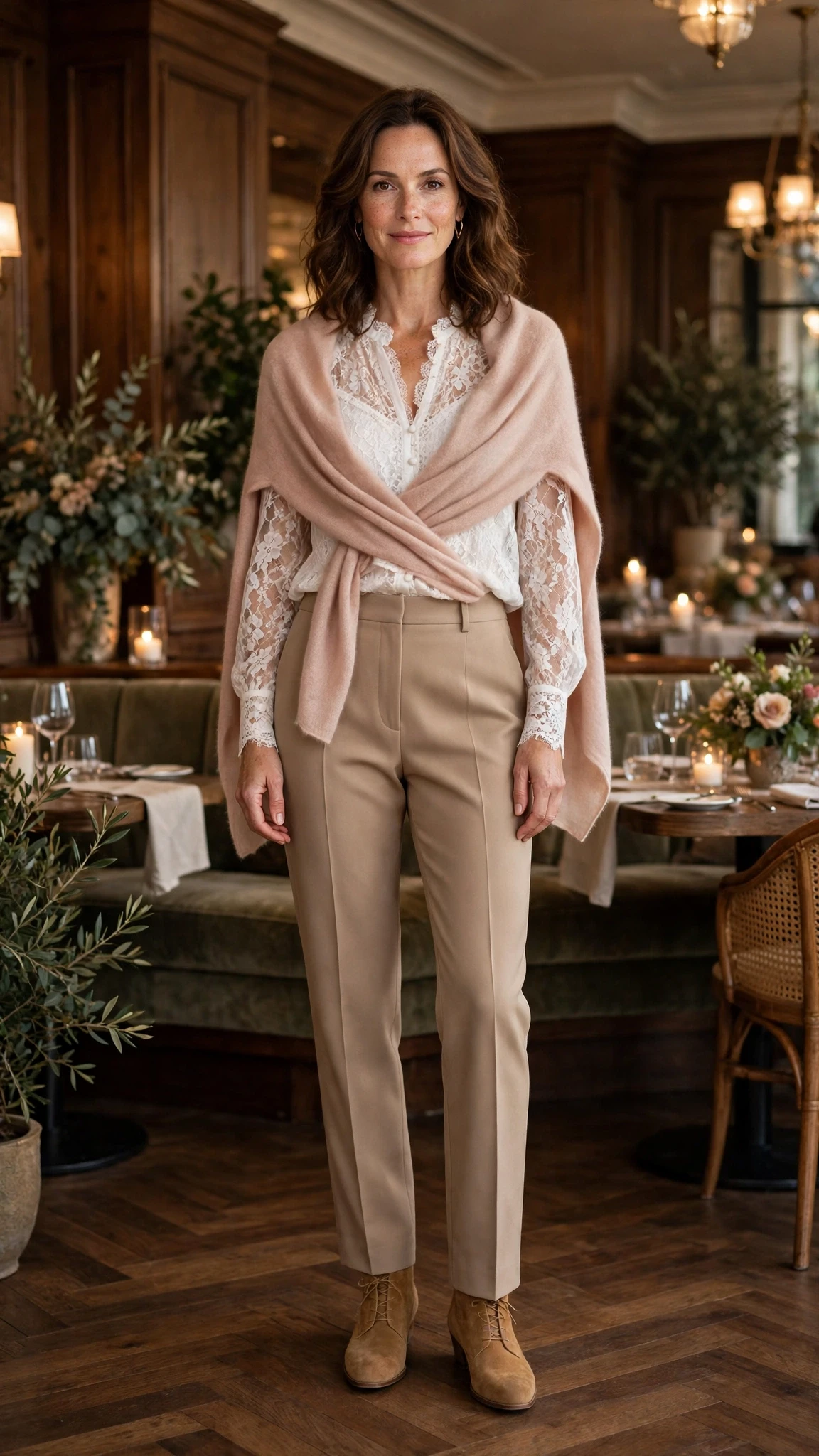 White lace blouse and straight trouser outfit with suede ankle boots and a cashmere wrap