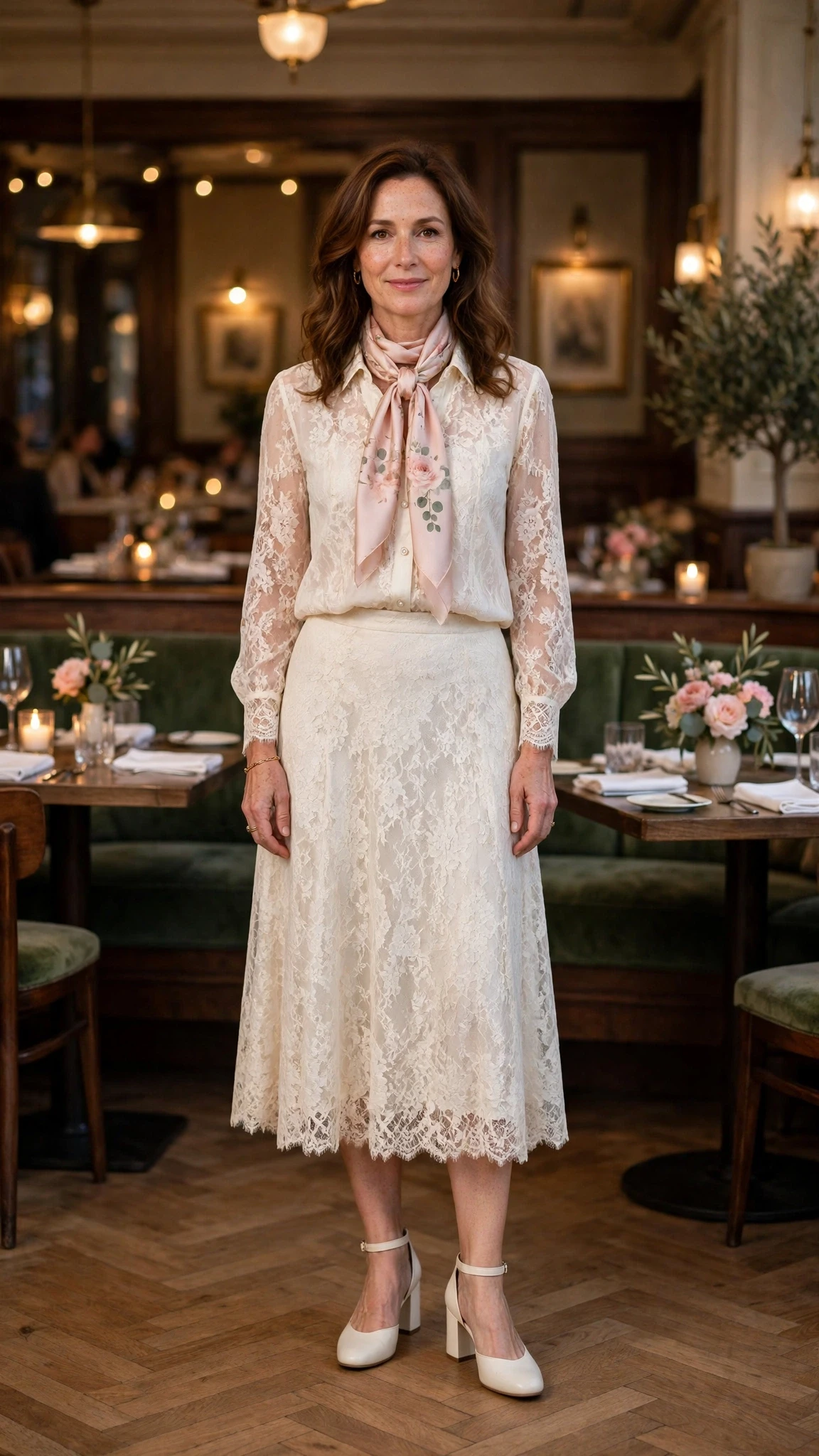 Ivory lace blouse and skirt outfit with comfortable block heels and a silk scarf