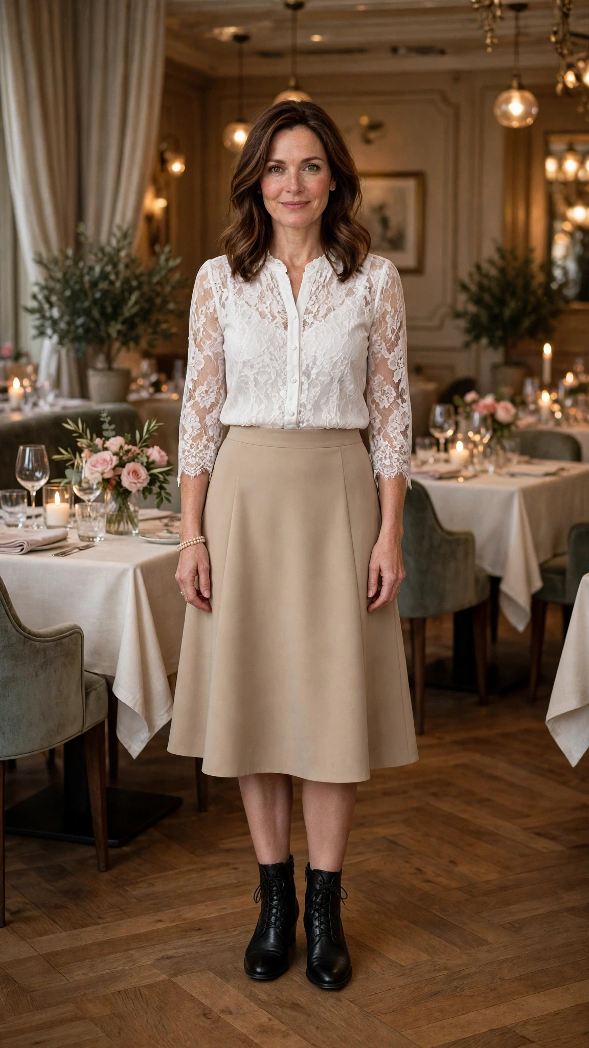 White lace blouse and A-line skirt outfit with leather ankle boots and a pearl bracelet